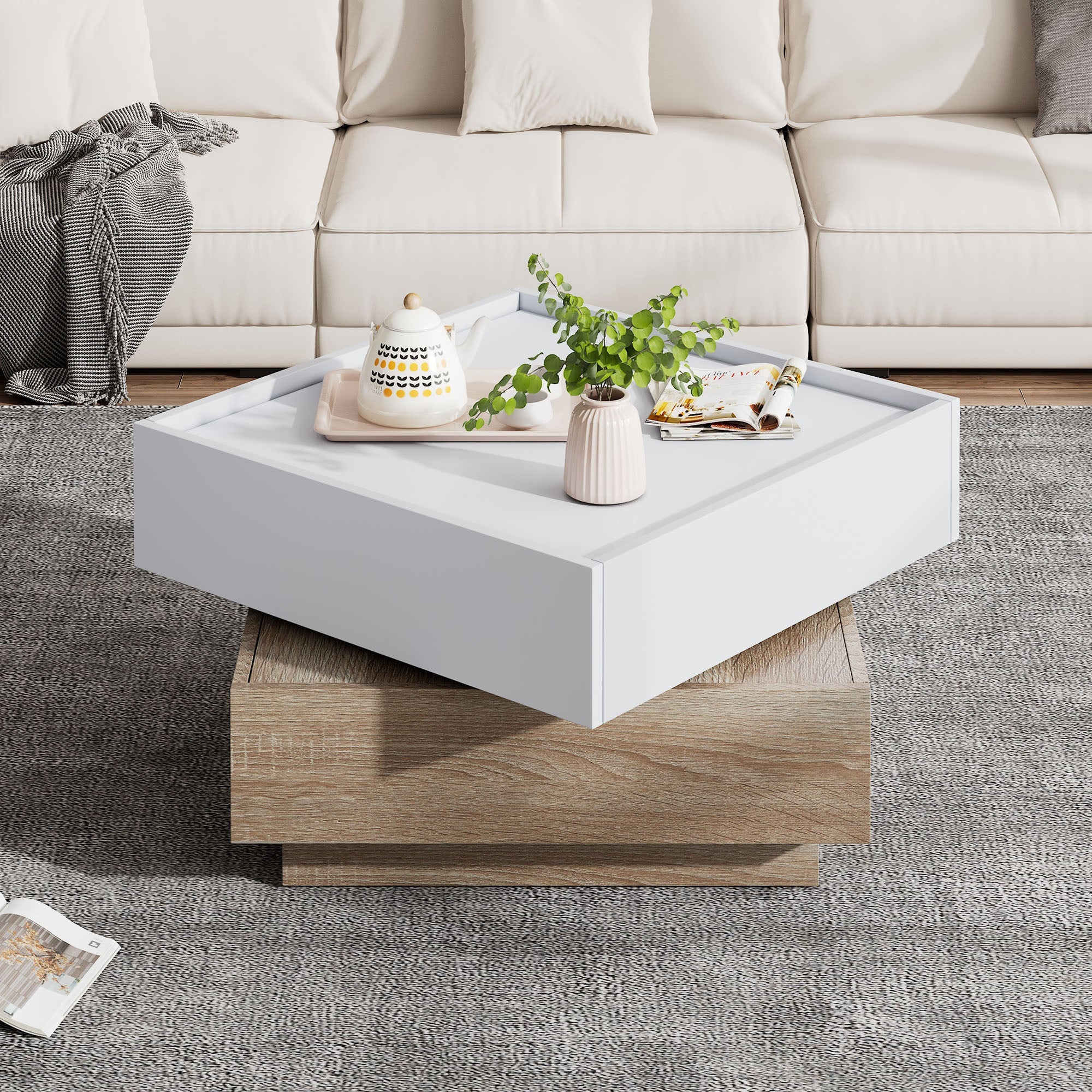 Functional coffee table, 360° rotatable with 2 levels storage, walnut frame white - Image 6