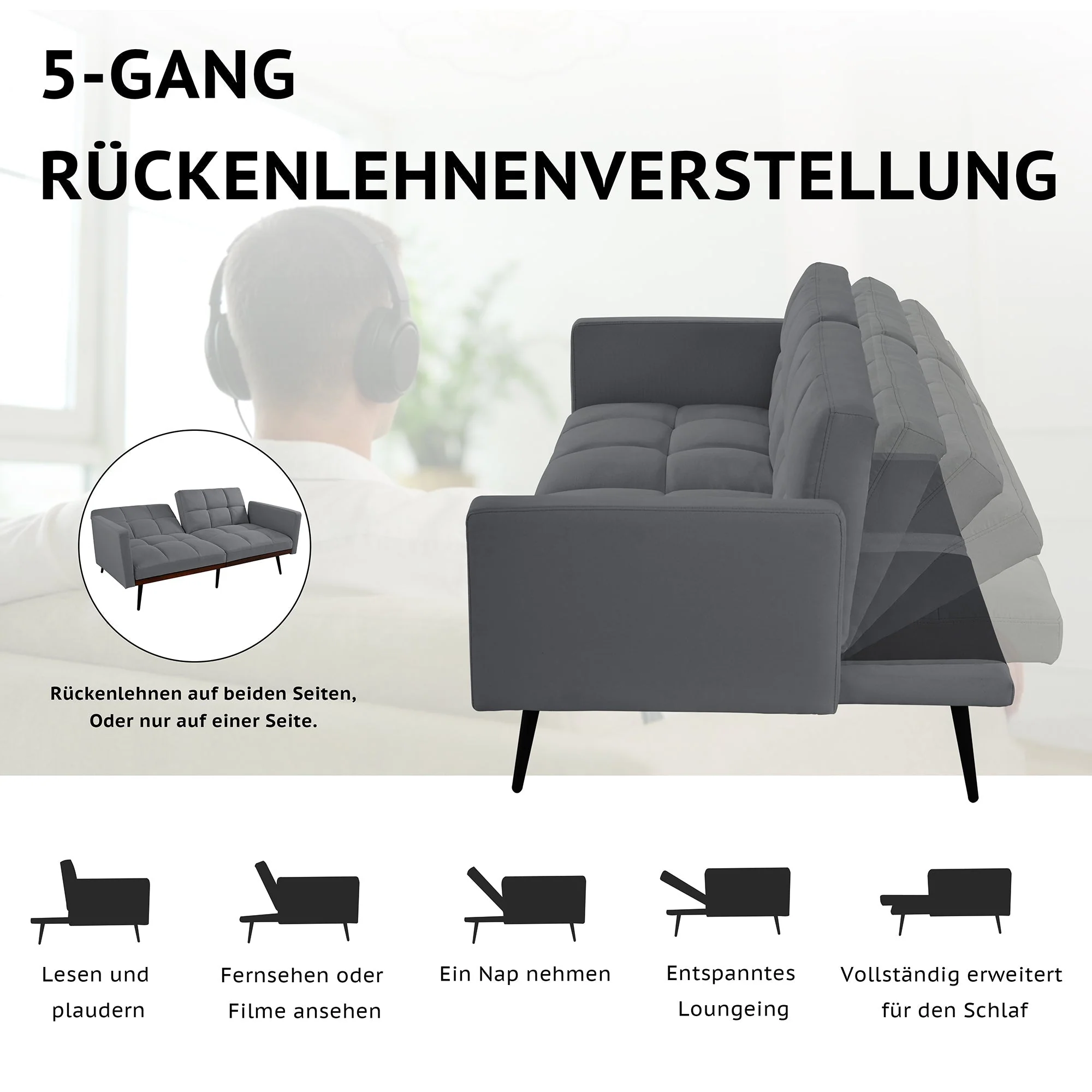 Futon Sofa Mid-Century Modern 146cm Adjustable Back Metal Legs - Linen Grey - Image 4