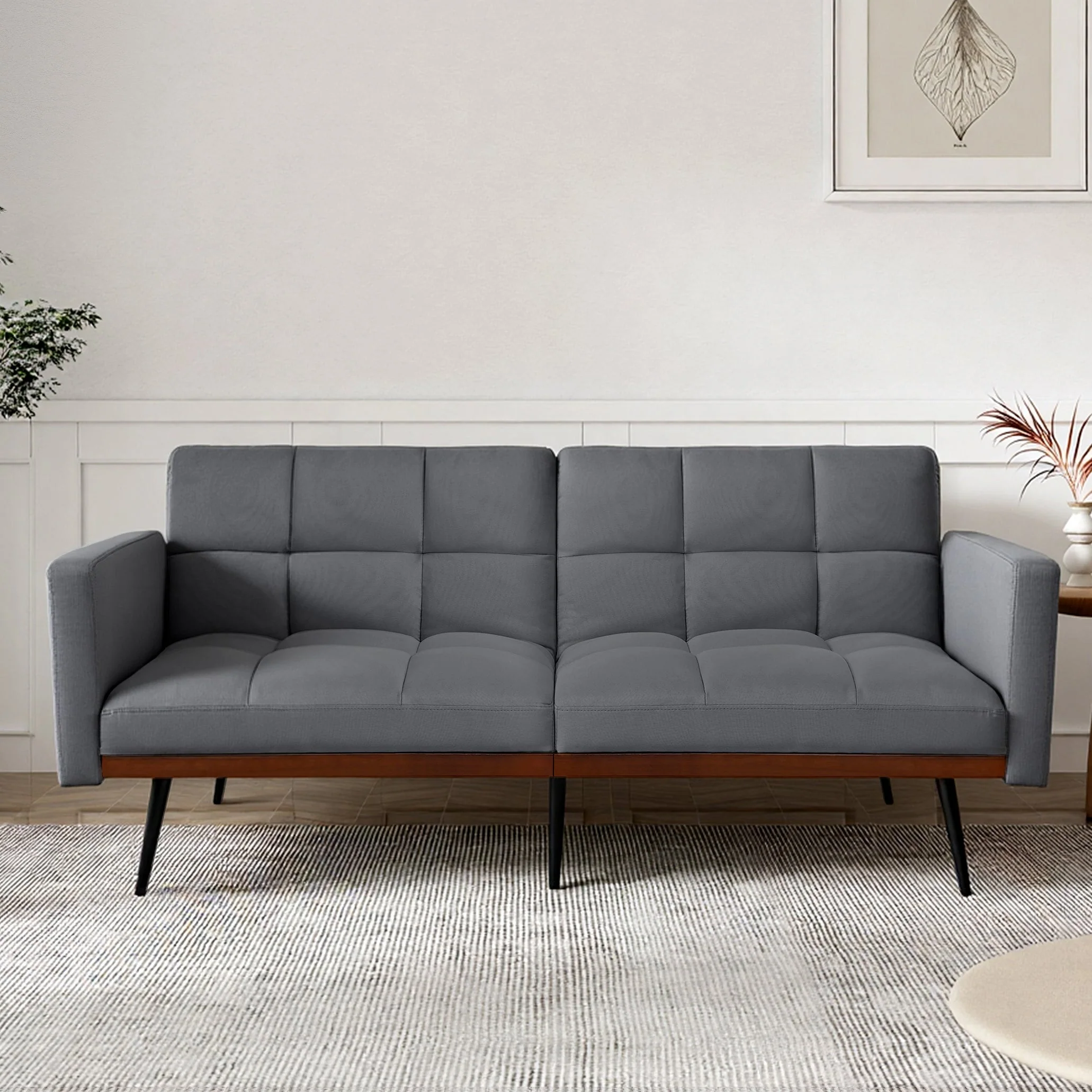 Futon Sofa Mid-Century Modern 146cm Adjustable Back Metal Legs - Linen Grey - Image 5