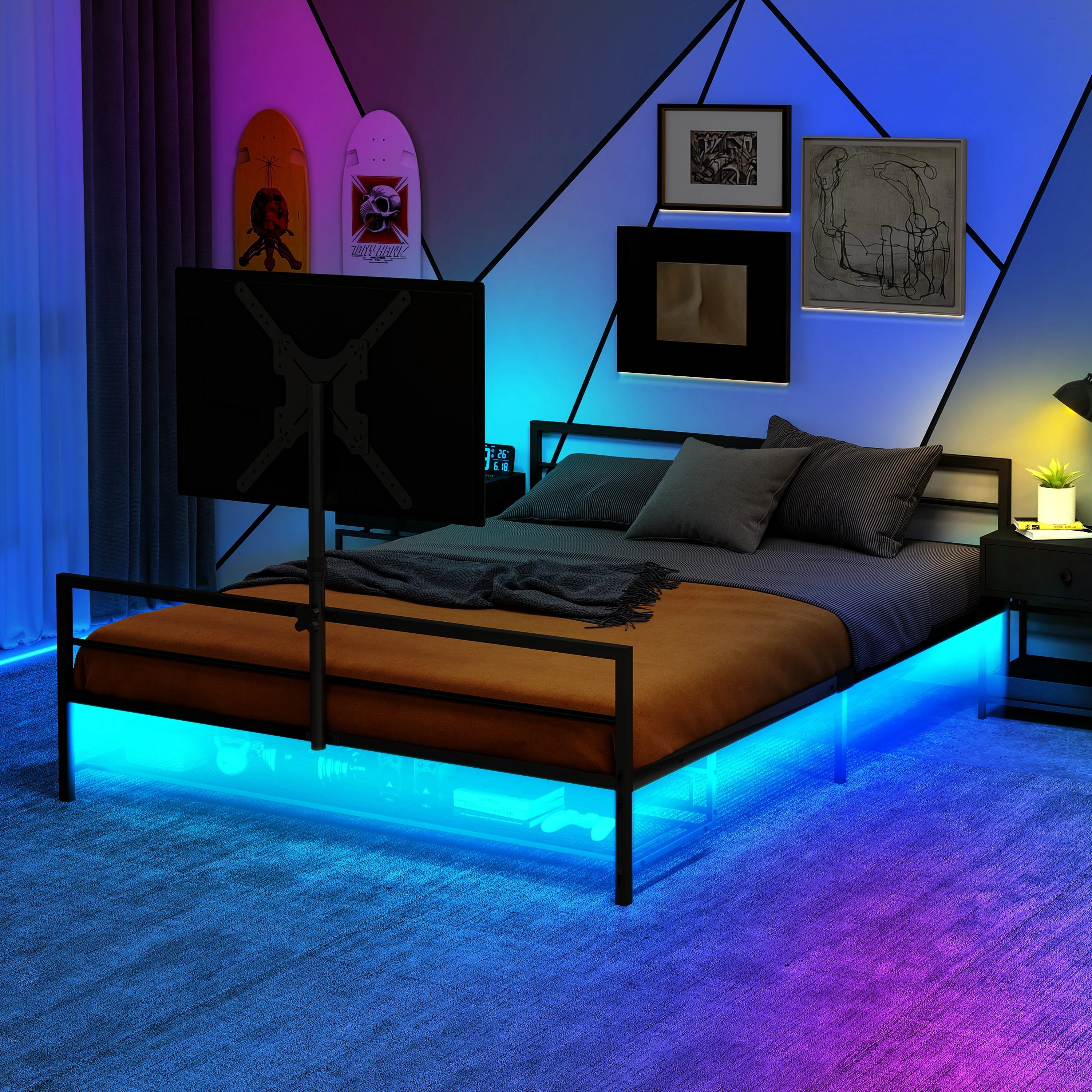Gaming Bed: Adjustable Holder, LED Lights, Underbed Storage - Black Metal - Image 3