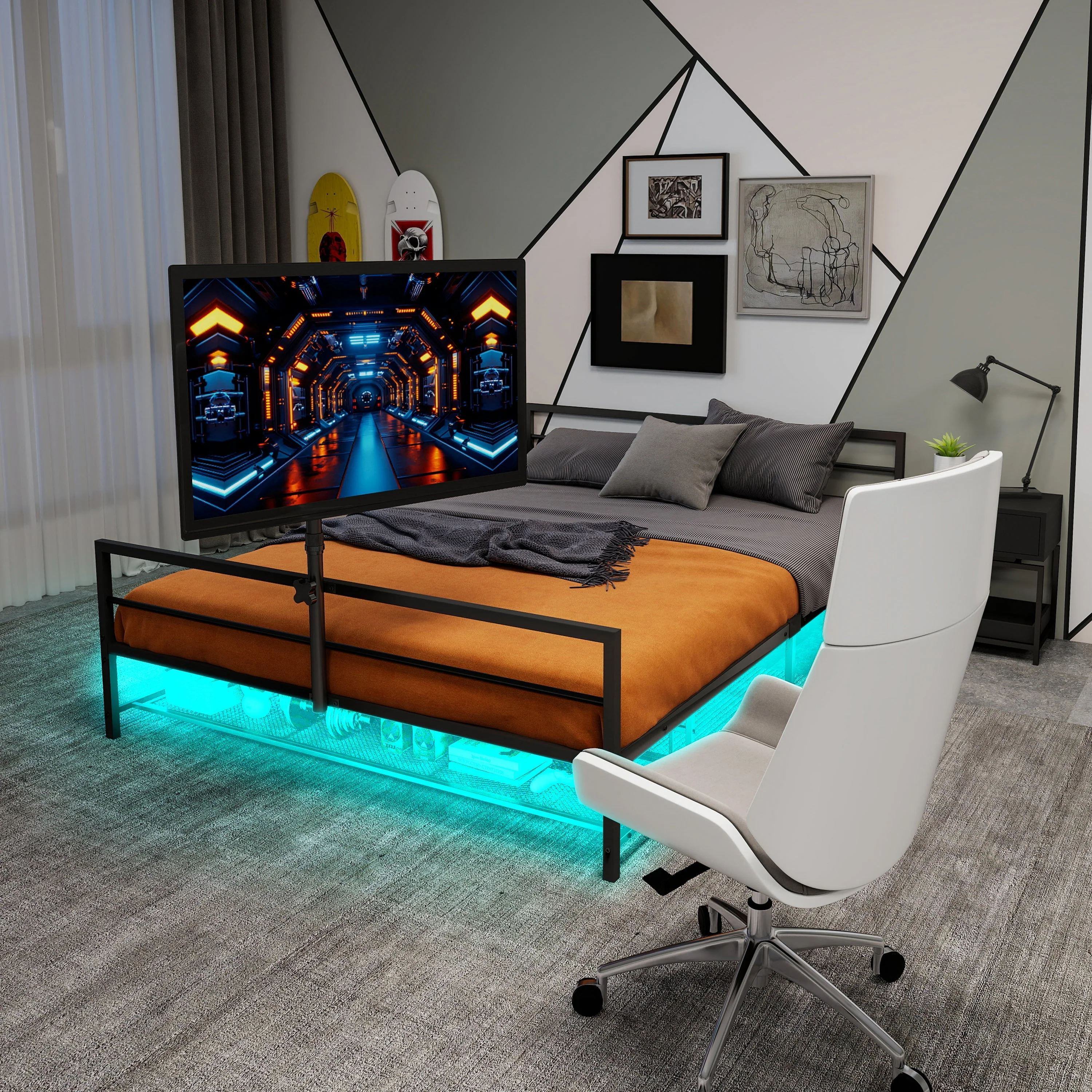 Gaming Bed: Adjustable Holder, LED Lights, Underbed Storage - Black Metal - Image 5