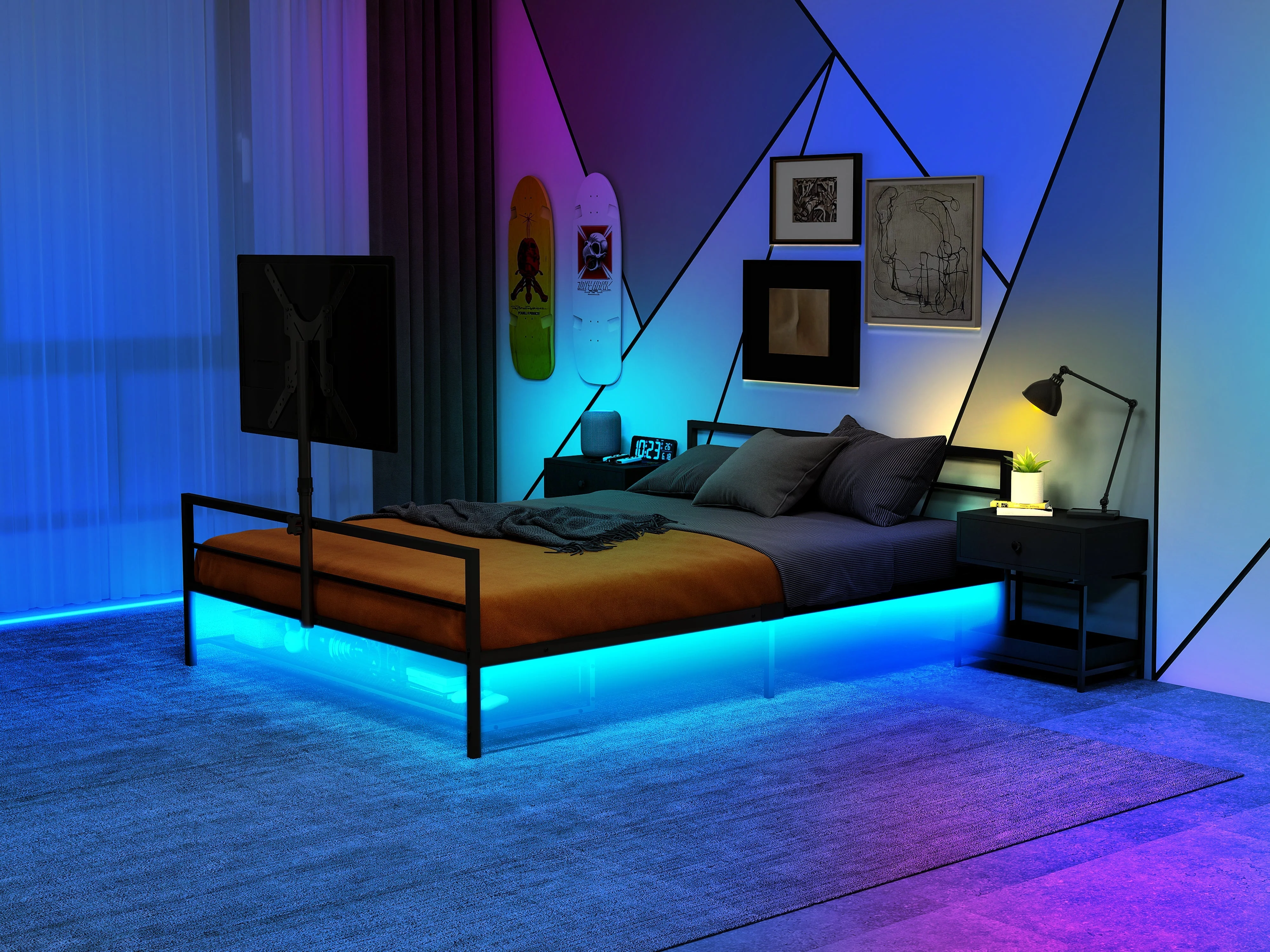 Gaming Bed: Adjustable Holder, LED Lights, Underbed Storage - Black Metal - Image 6