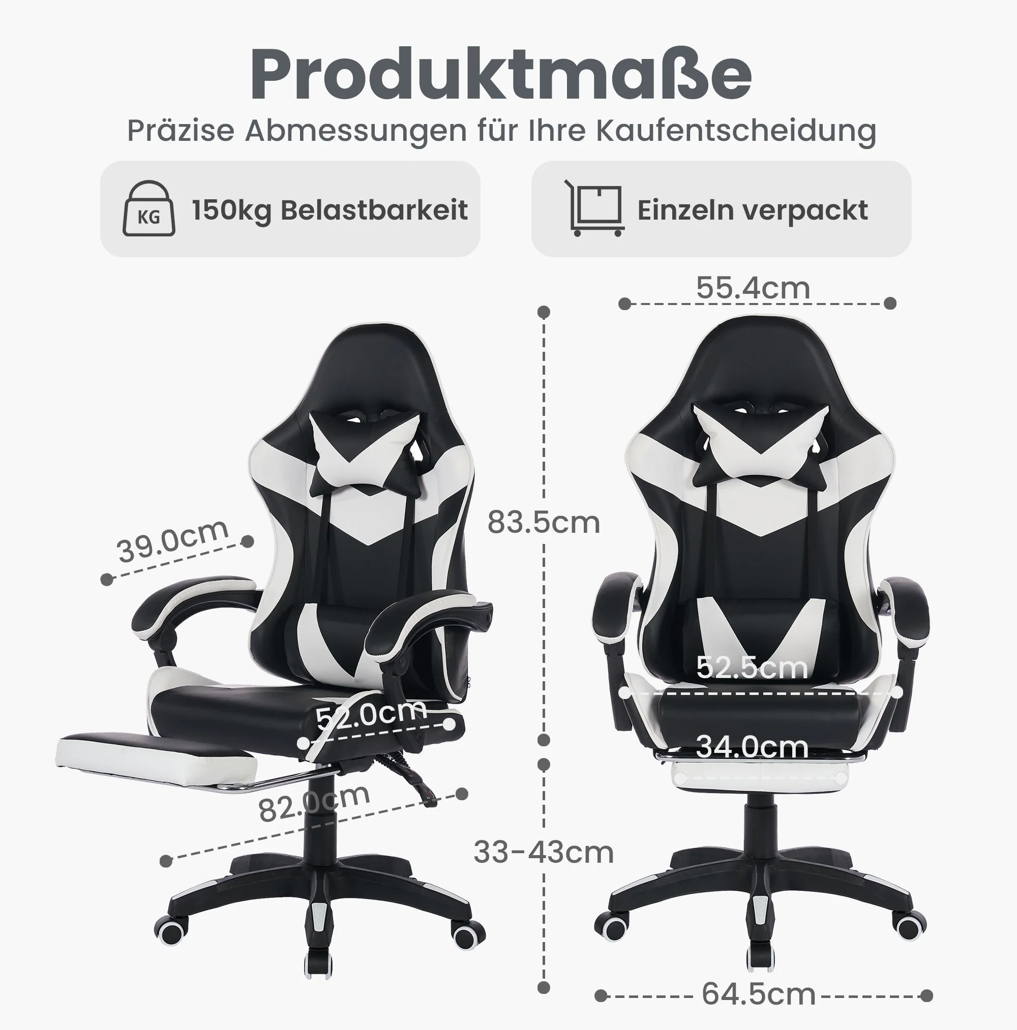 Gaming Chair 360° Swivel Ergonomic Racing High-Back Adjustable Footrest Headrest Lumbar Support - Black & White Leather - Image 5