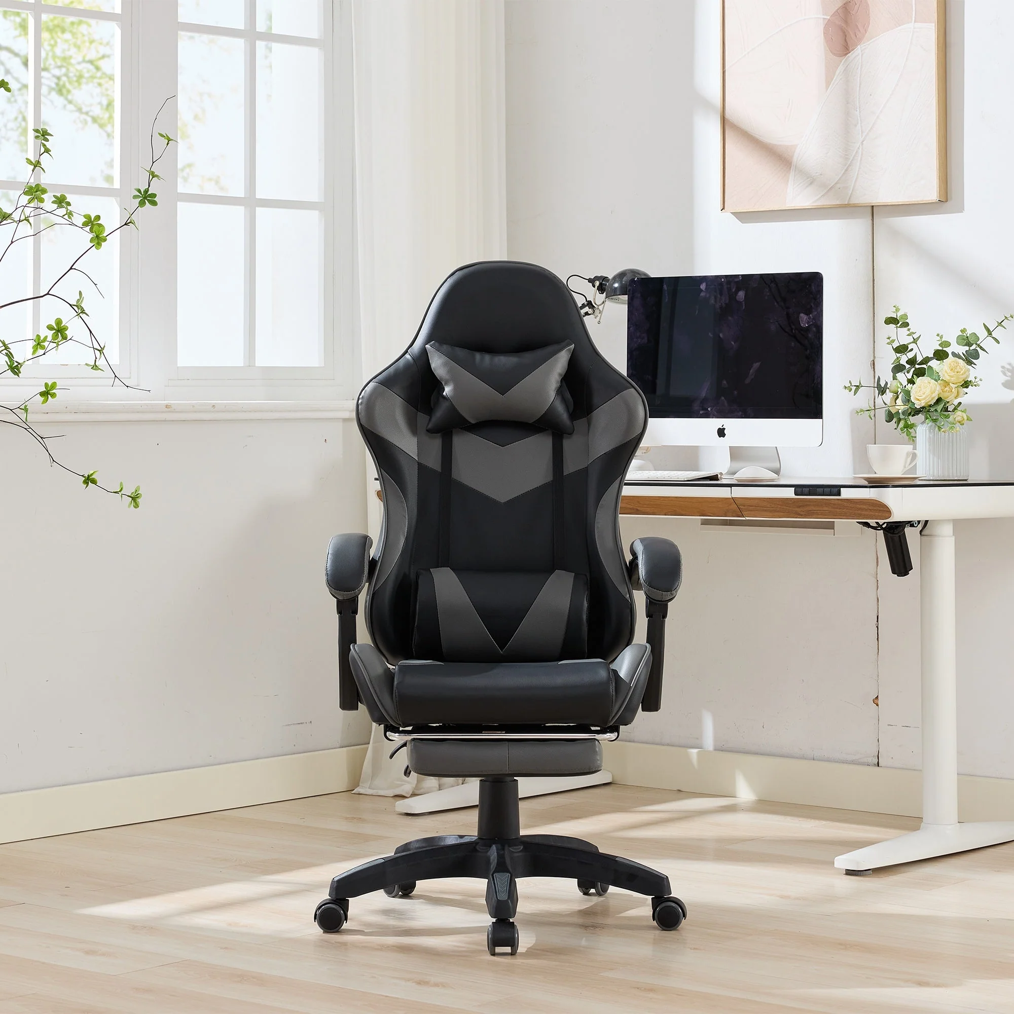 Gaming Chair Ergonomic Racing Design High-Back Adjustable Footrest & Lumbar Support Leather - Black & Grey - Image 8