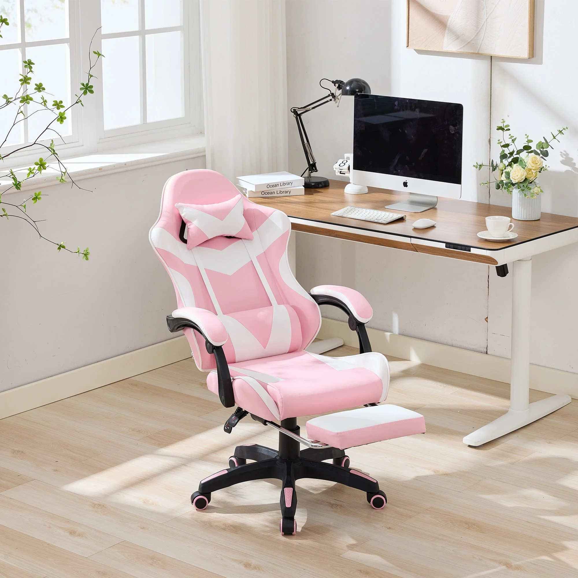 Gaming Chair Ergonomic Racing High-Back Swivel with Footrest & Lumbar Support Leather White & Pink - Image 10