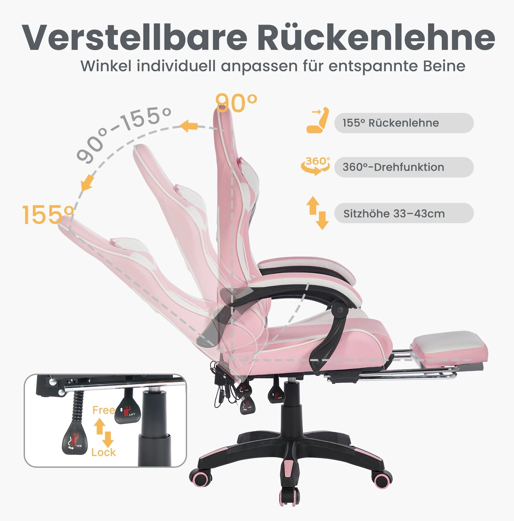 Gaming Chair Ergonomic Racing High-Back Swivel with Footrest & Lumbar Support Leather White & Pink - Image 3