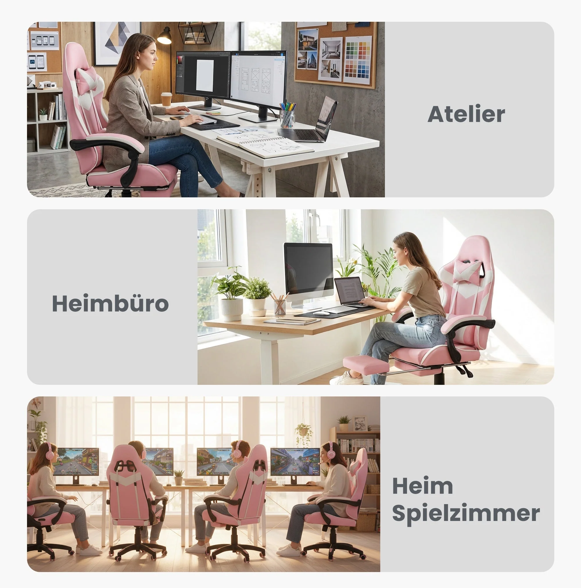 Gaming Chair Ergonomic Racing High-Back Swivel with Footrest & Lumbar Support Leather White & Pink - Image 4