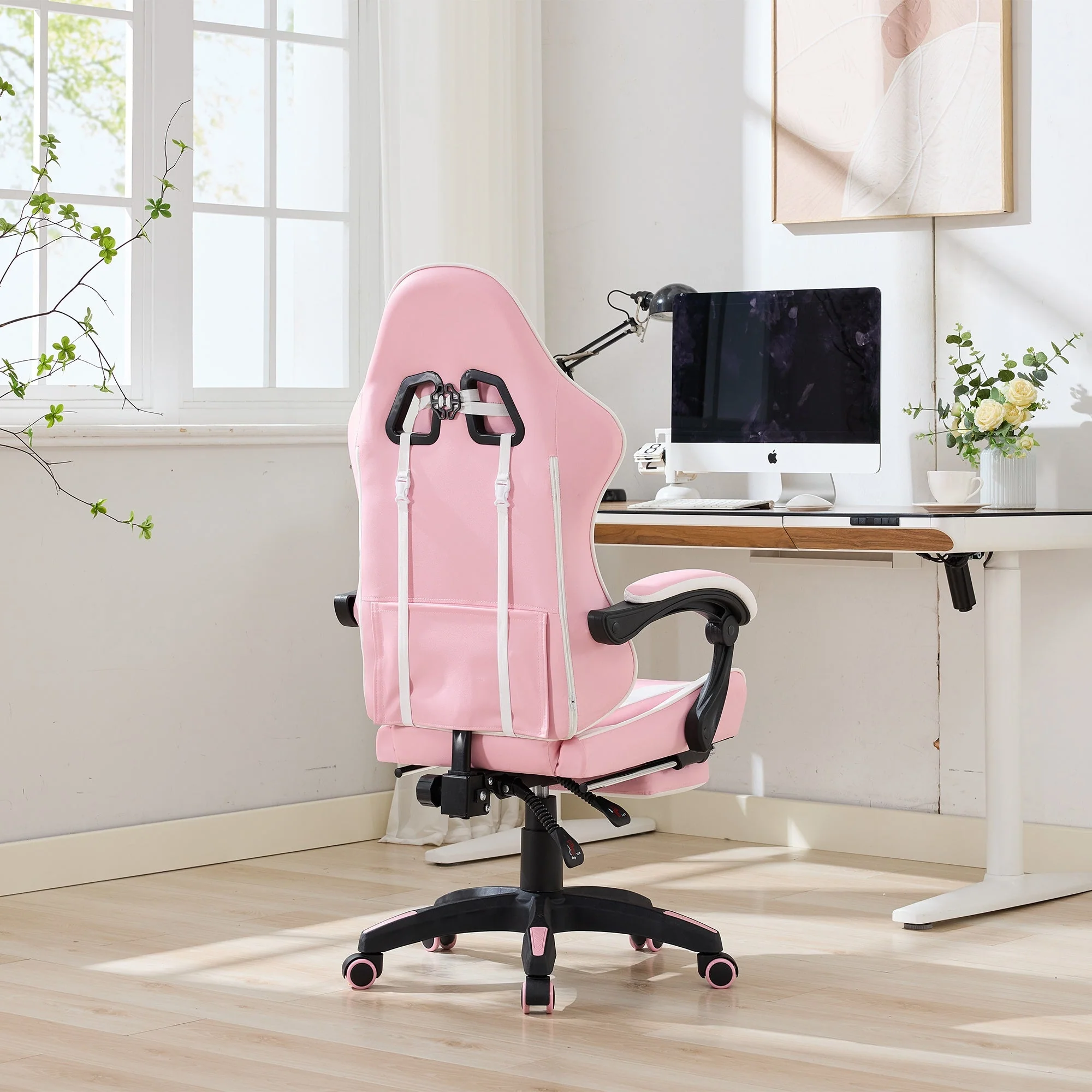 Gaming Chair Ergonomic Racing High-Back Swivel with Footrest & Lumbar Support Leather White & Pink - Image 6