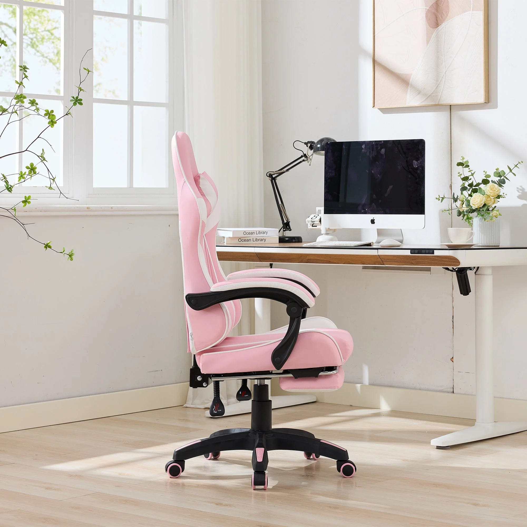 Gaming Chair Ergonomic Racing High-Back Swivel with Footrest & Lumbar Support Leather White & Pink - Image 7