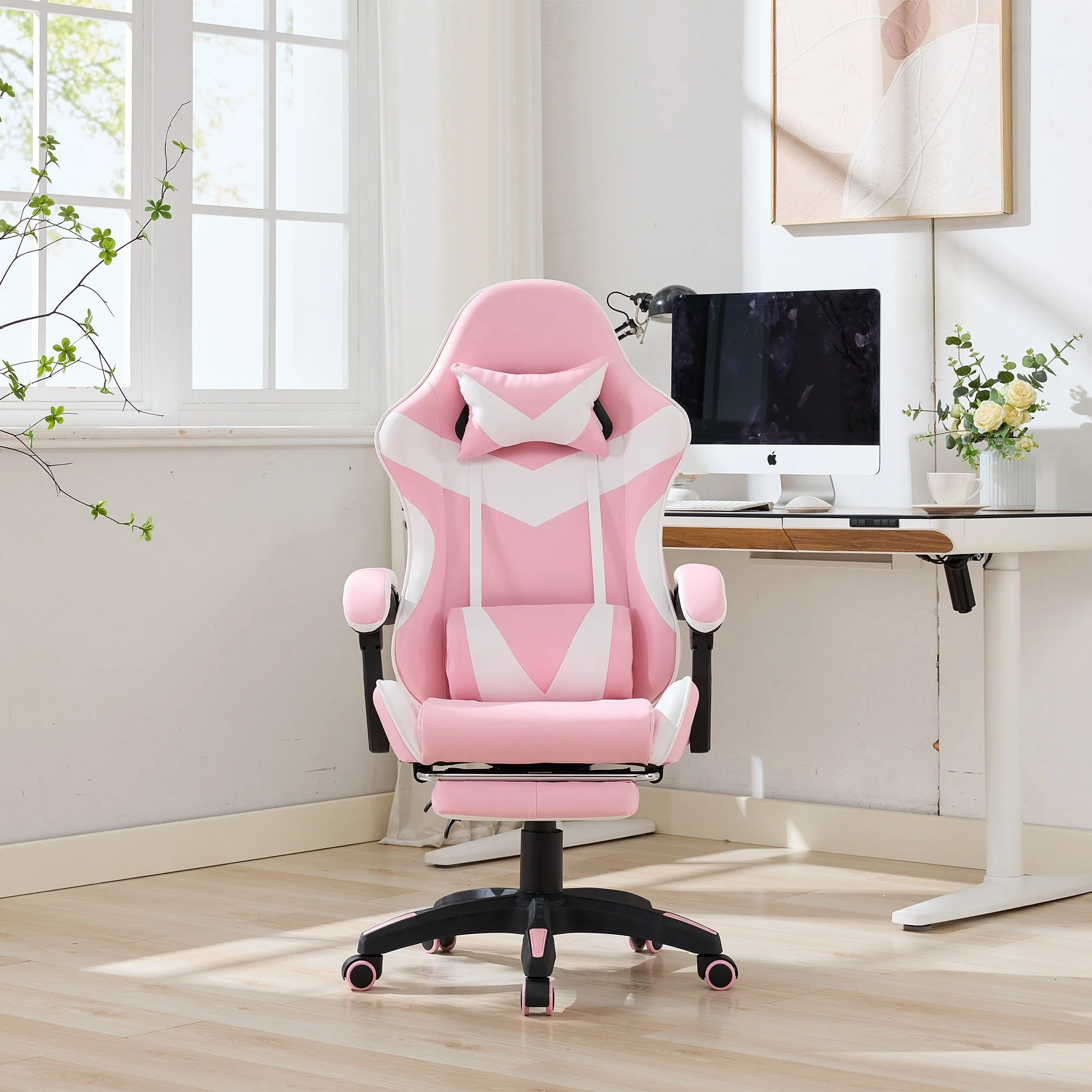 Gaming Chair Ergonomic Racing High-Back Swivel with Footrest & Lumbar Support Leather White & Pink - Image 8