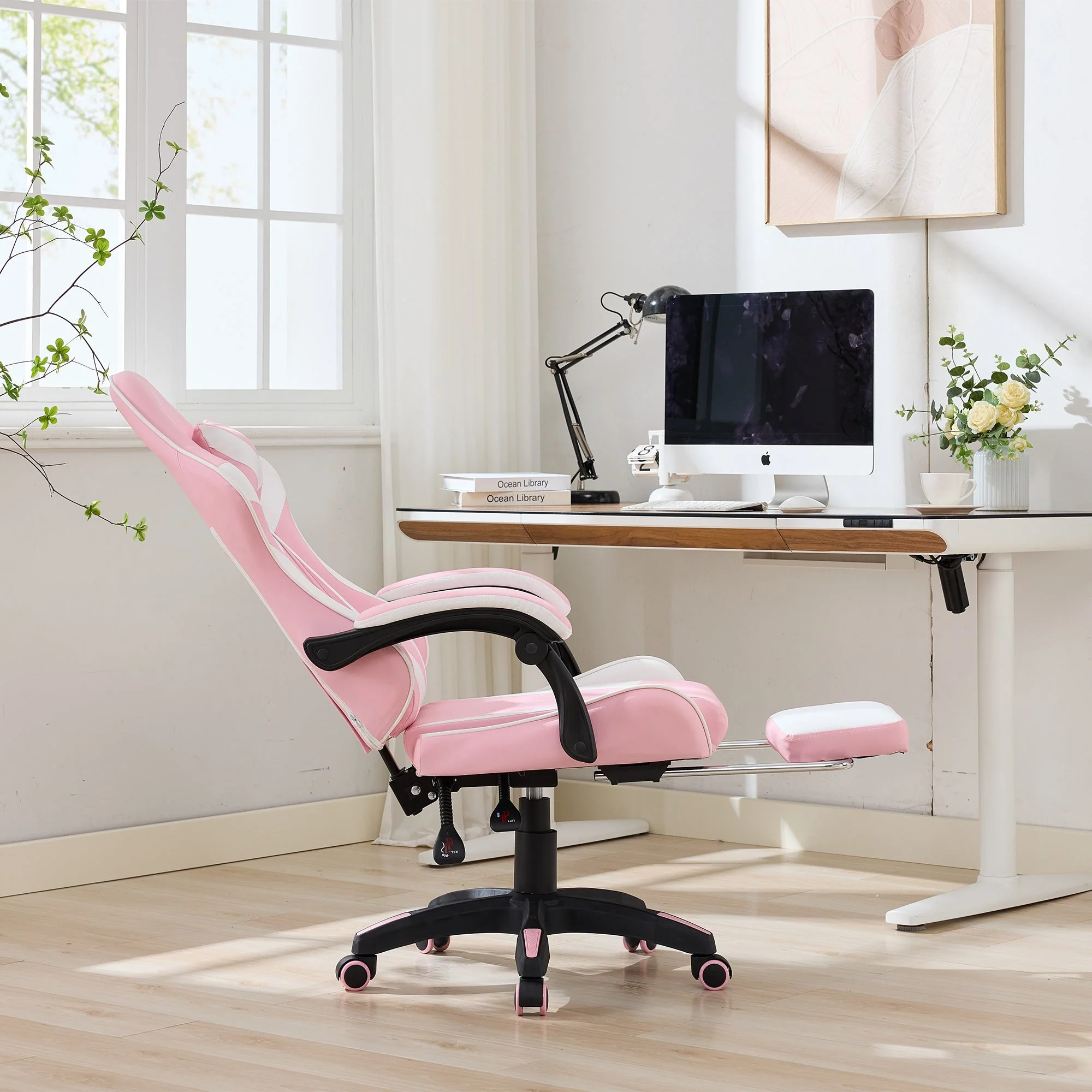 Gaming Chair Ergonomic Racing High-Back Swivel with Footrest & Lumbar Support Leather White & Pink - Image 9