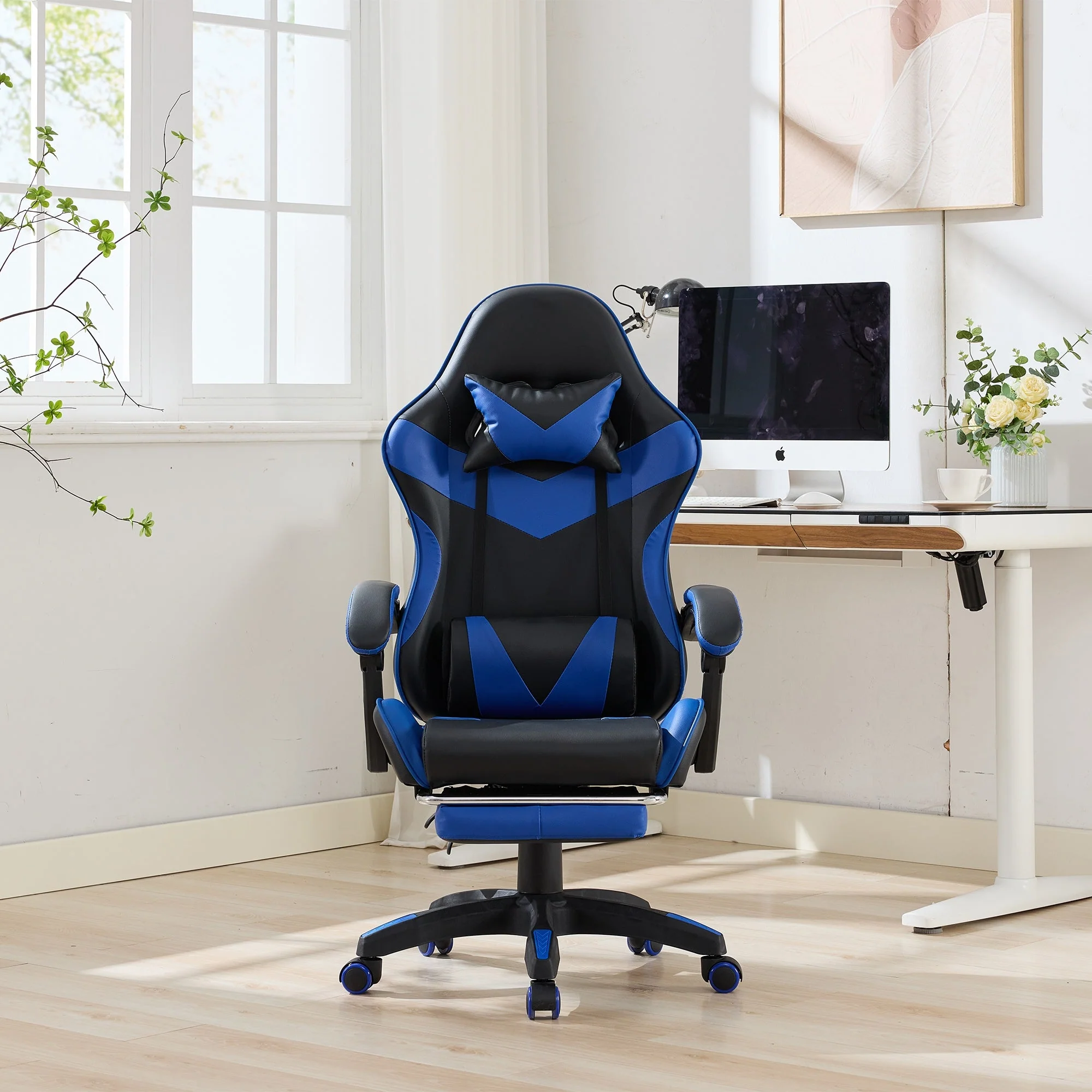 Gaming Chair Ergonomic Racing High-Back with Footrest Headrest Lumbar Support - Black & Blue Leather - Image 9