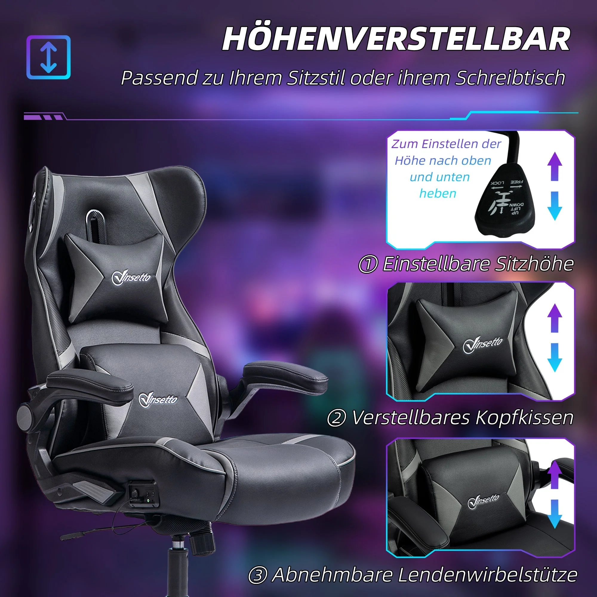 Gaming Chair, Ergonomic Rocking Swivel with Speakers, 120kg Capacity, Black/Grey - Image 5