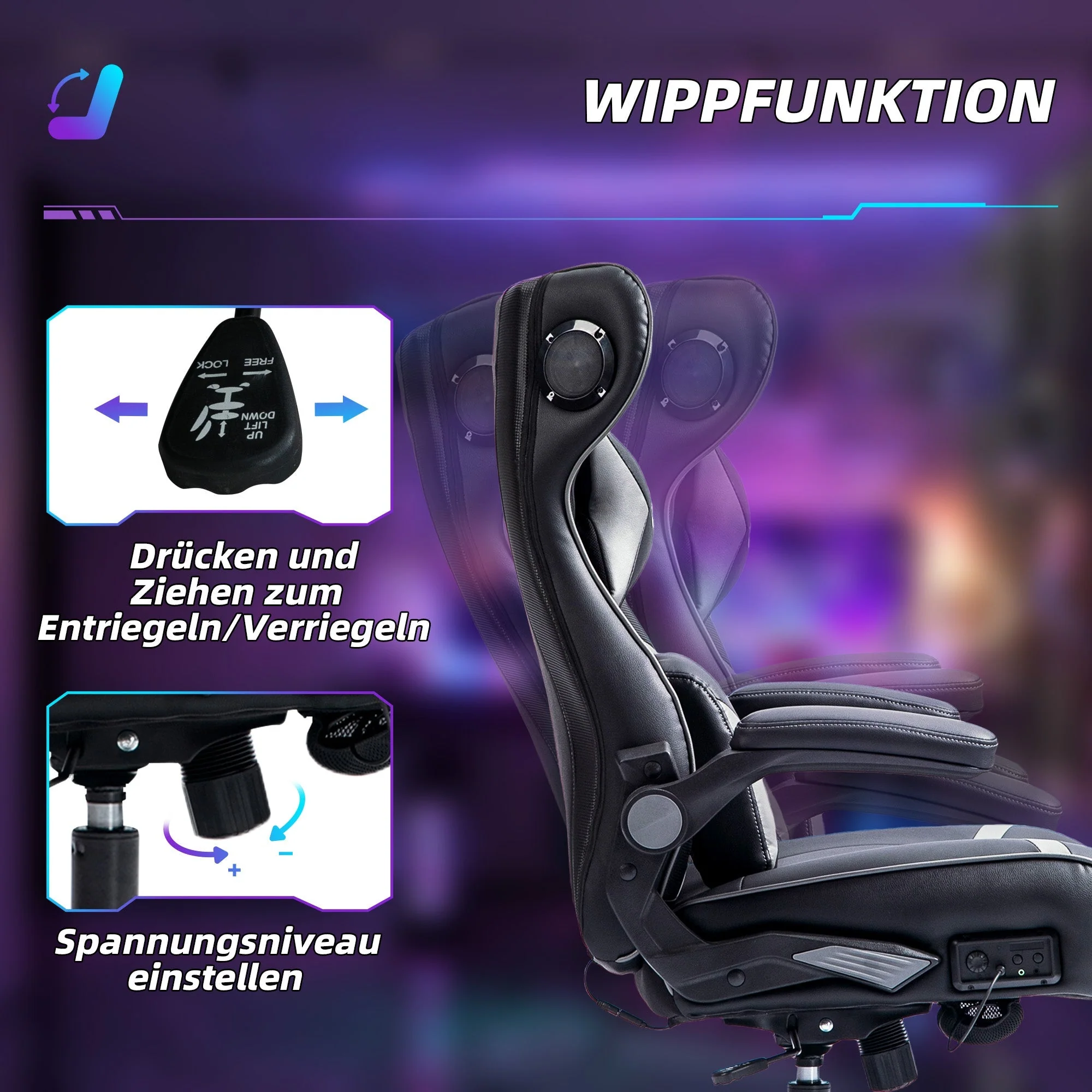 Gaming Chair, Ergonomic Rocking Swivel with Speakers, 120kg Capacity, Black/Grey - Image 6
