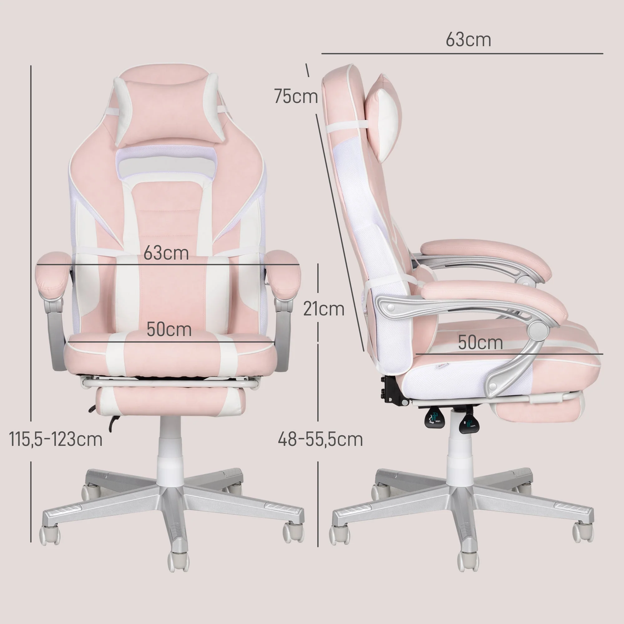 Gaming Chair, Height-Adjustable Swivel with Footrest, Pink Faux Leather - Image 3