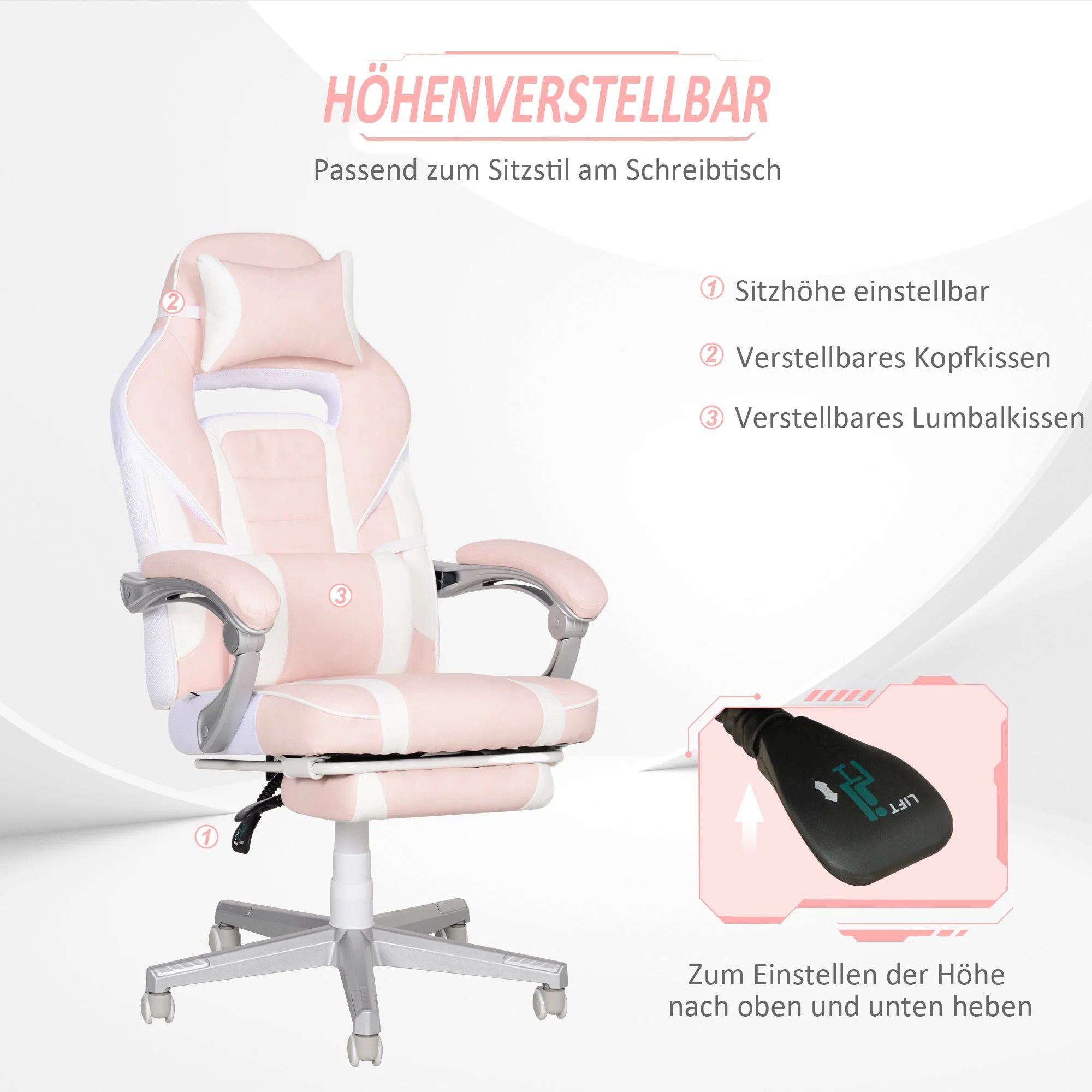 Gaming Chair, Height-Adjustable Swivel with Footrest, Pink Faux Leather - Image 4