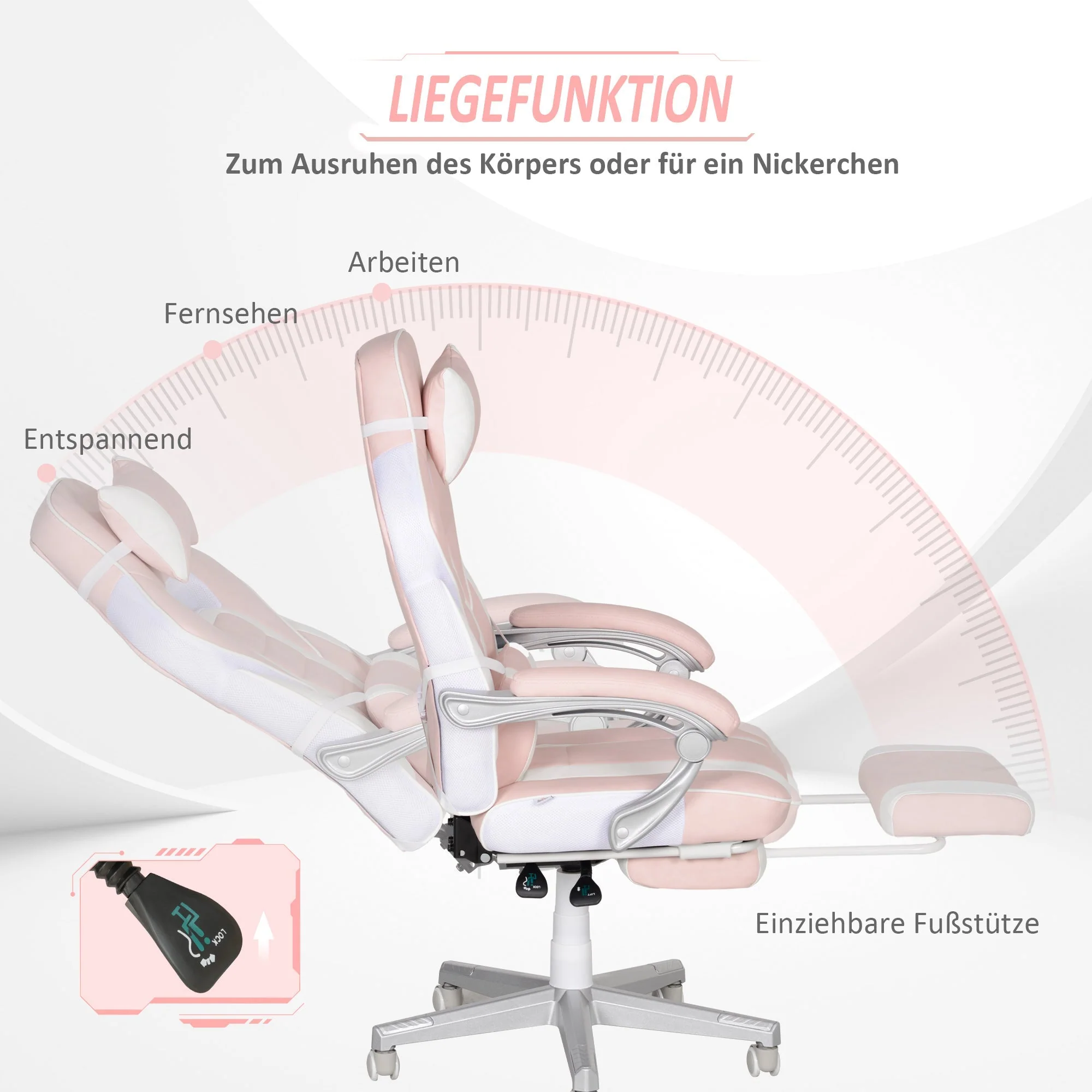 Gaming Chair, Height-Adjustable Swivel with Footrest, Pink Faux Leather - Image 5