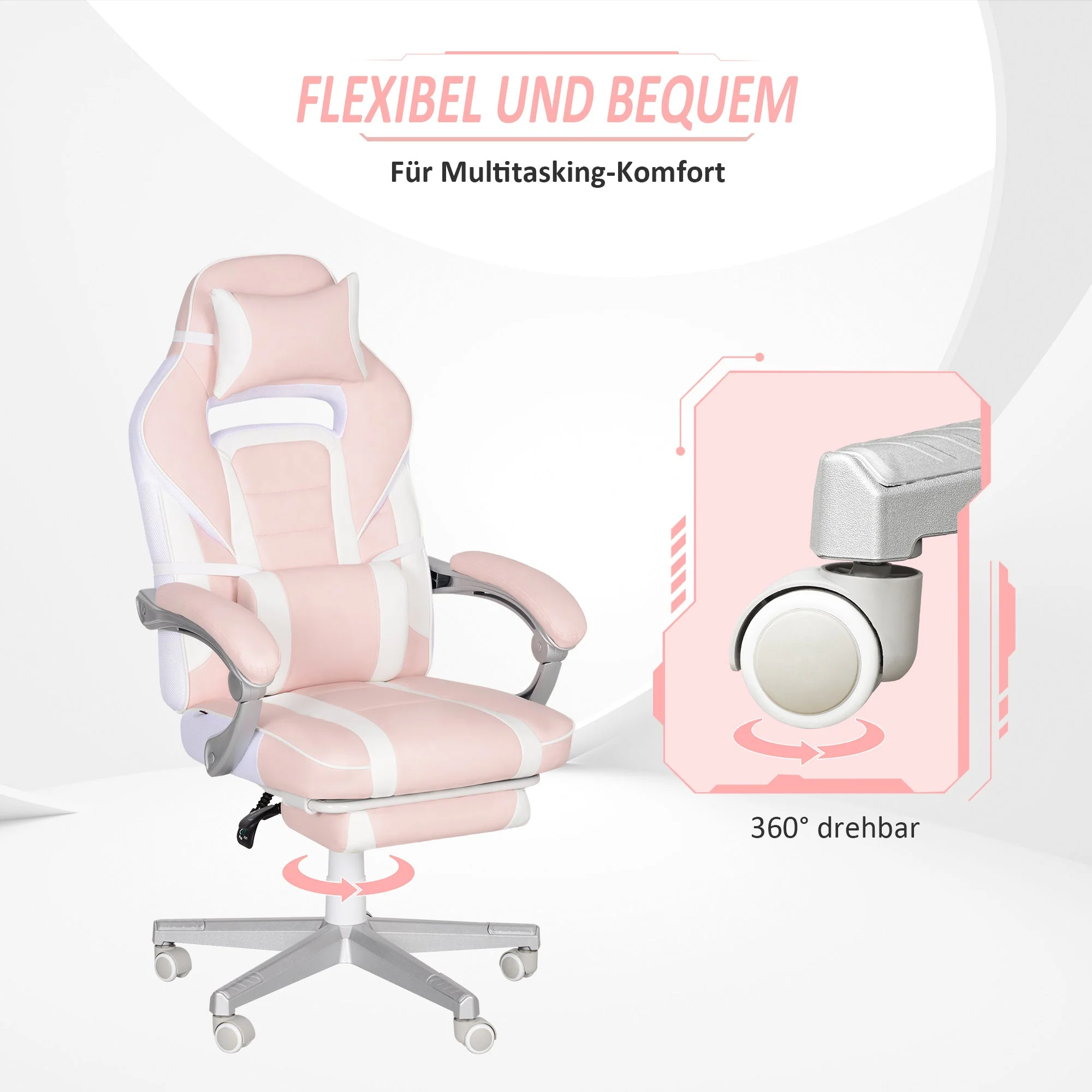 Gaming Chair, Height-Adjustable Swivel with Footrest, Pink Faux Leather - Image 6