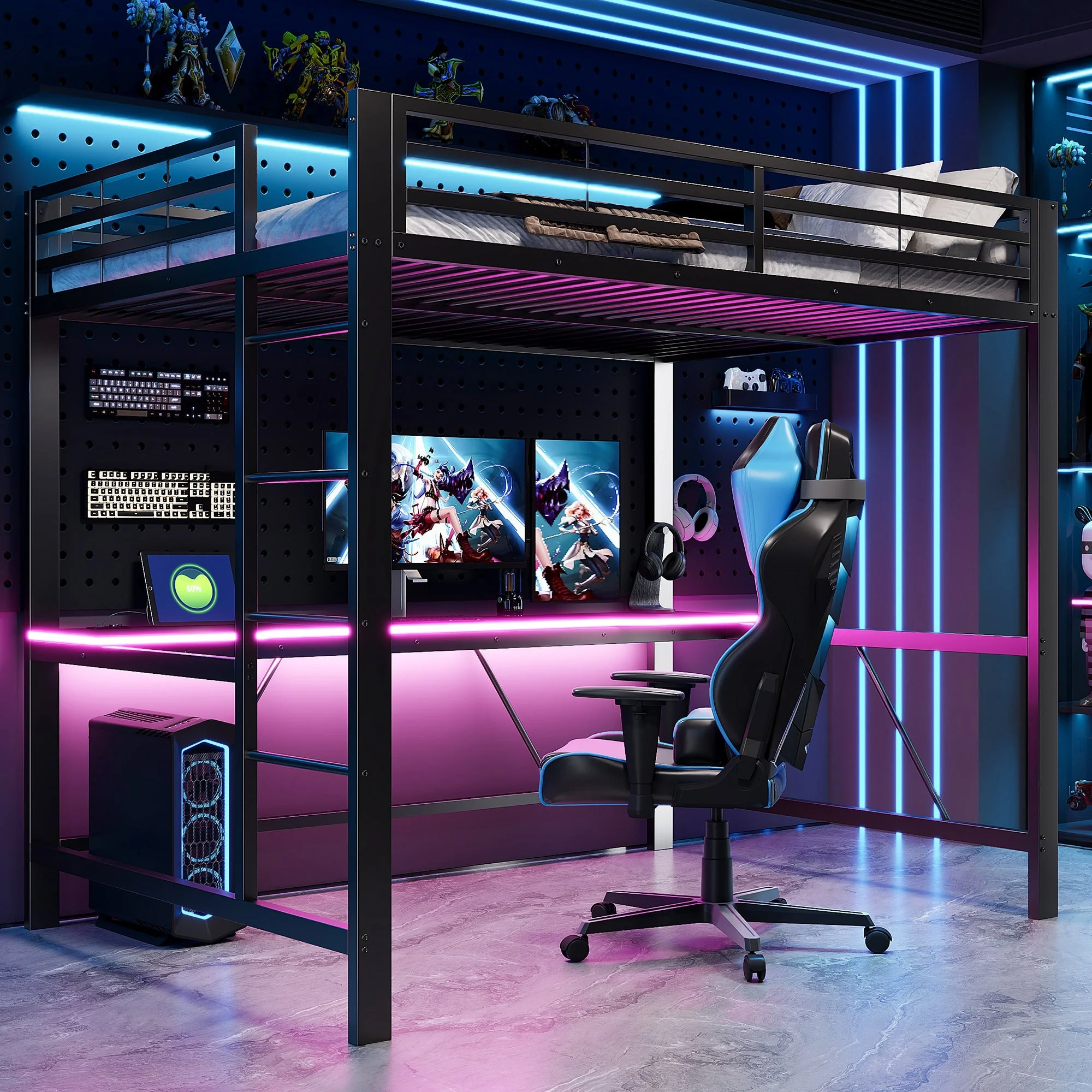 Gaming Loft Bed Frame with 140x200 Desk, LED and USB, Black Metal - Image 4