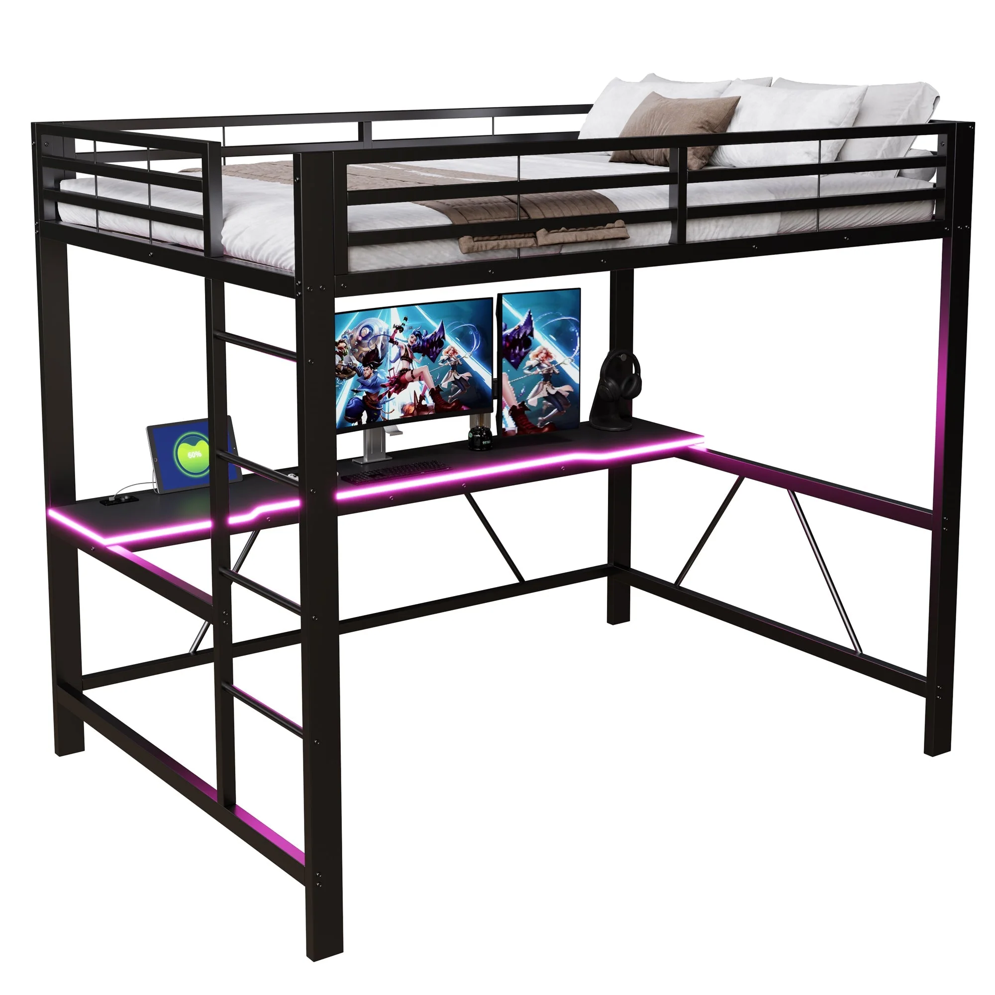 Gaming Loft Bed Frame with 140x200 Desk, LED and USB, Black Metal - Image 5