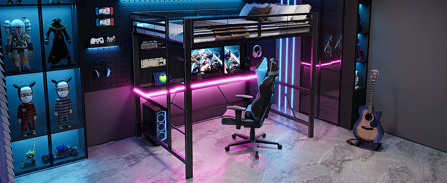 Gaming Loft Bed Frame with 140x200 Desk, LED and USB, Black Metal - Image 7