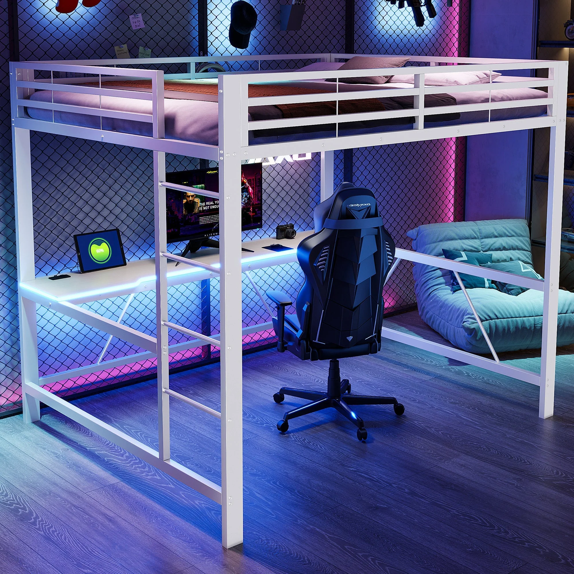 Gaming Loft Bed Frame with 160x200 Desk, LED and USB, White Metal - Image 3