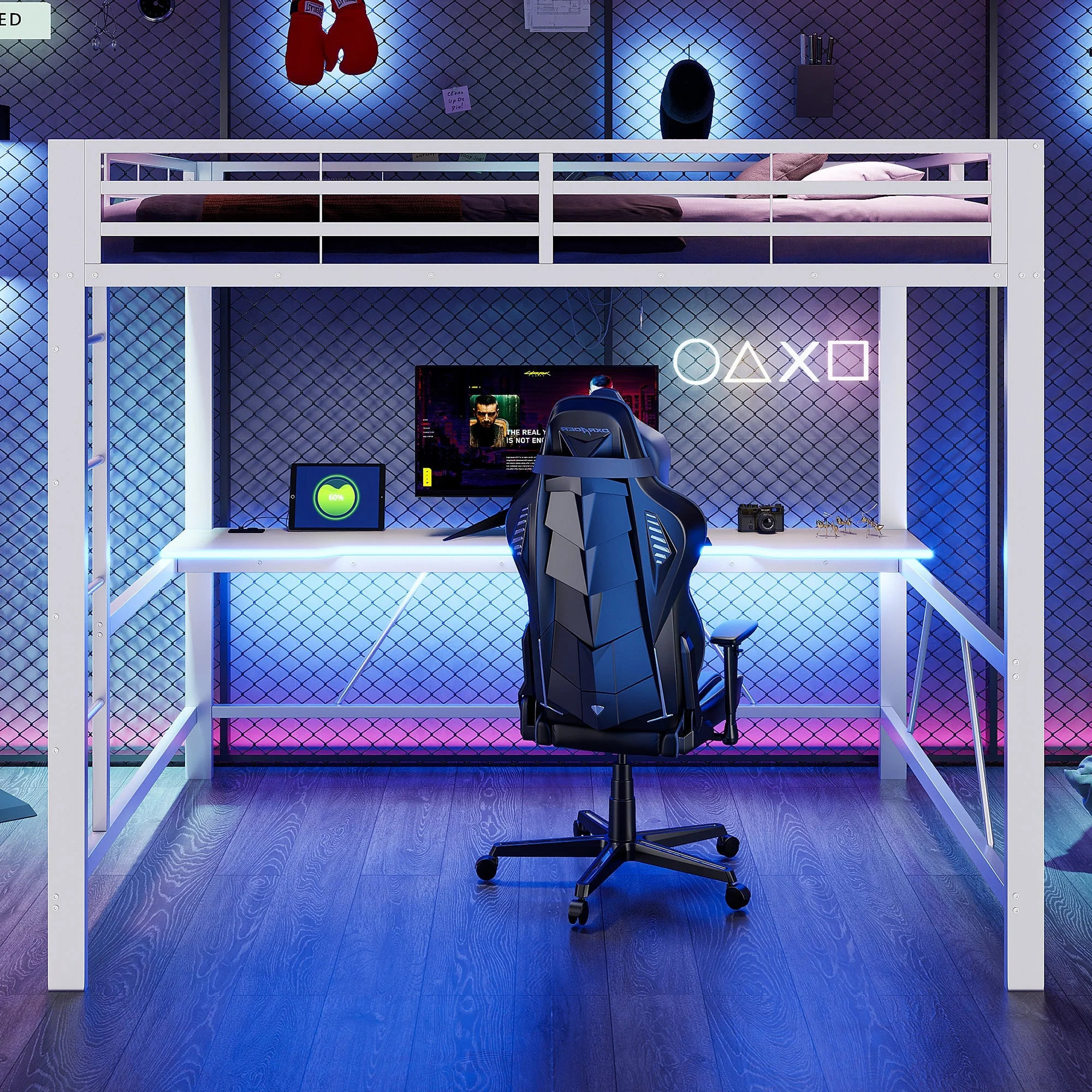 Gaming Loft Bed Frame with 160x200 Desk, LED and USB, White Metal - Image 4
