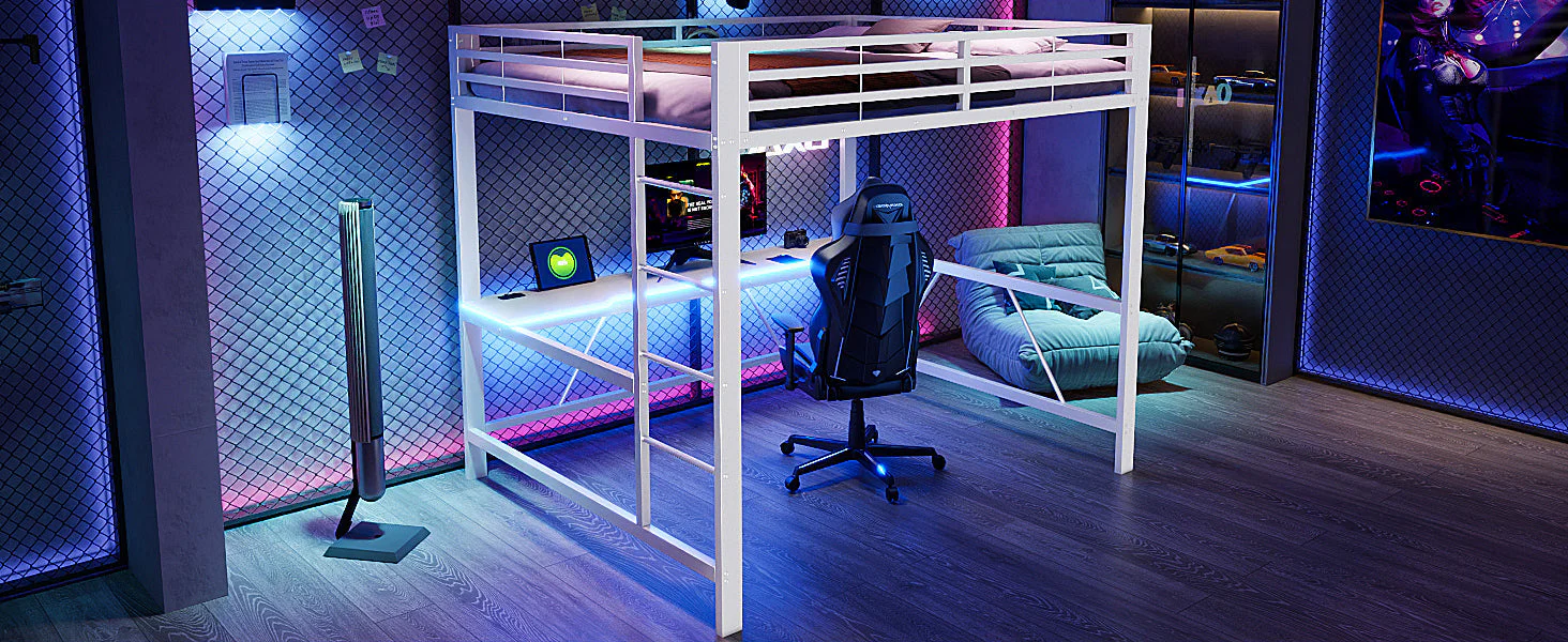 Gaming Loft Bed Frame with 160x200 Desk, LED and USB, White Metal - Image 9