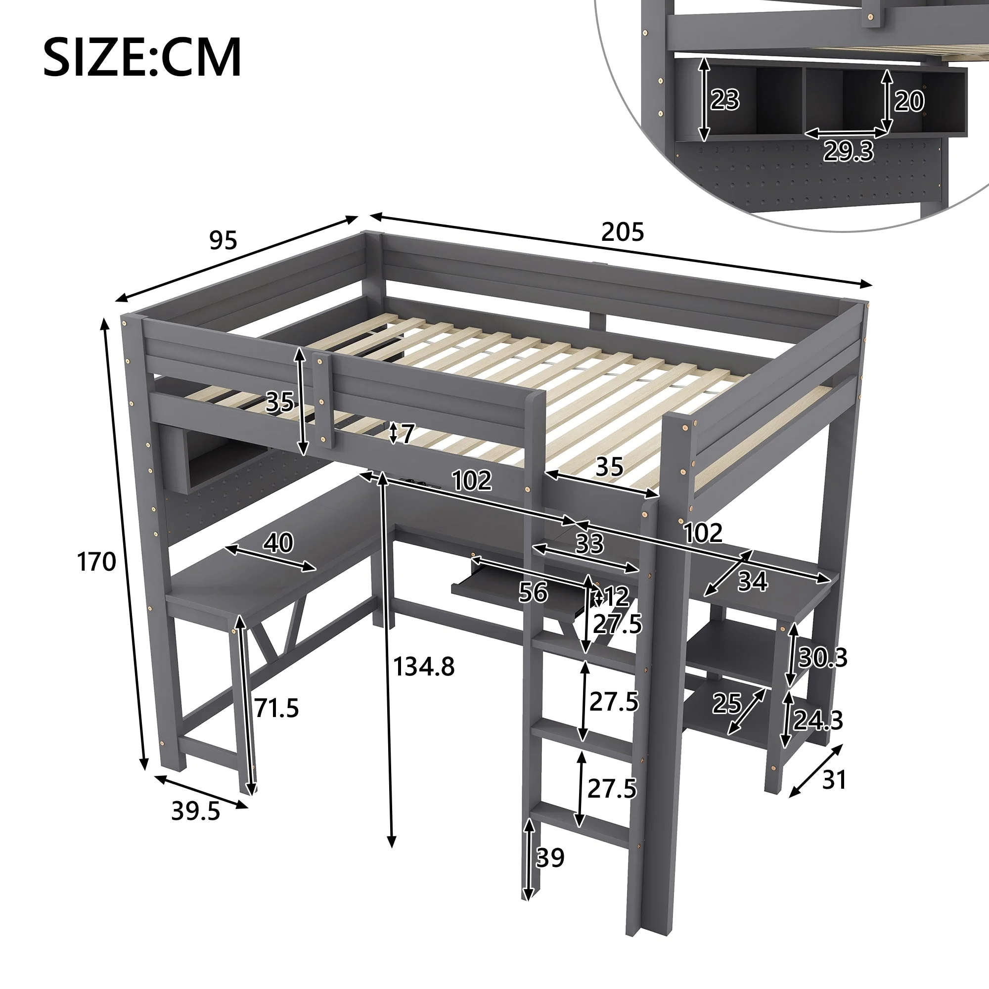 Gaming Loft Bed with Desk, LED Lighting and Charging Station, 90 x 200 cm, Grey Wood - Image 6