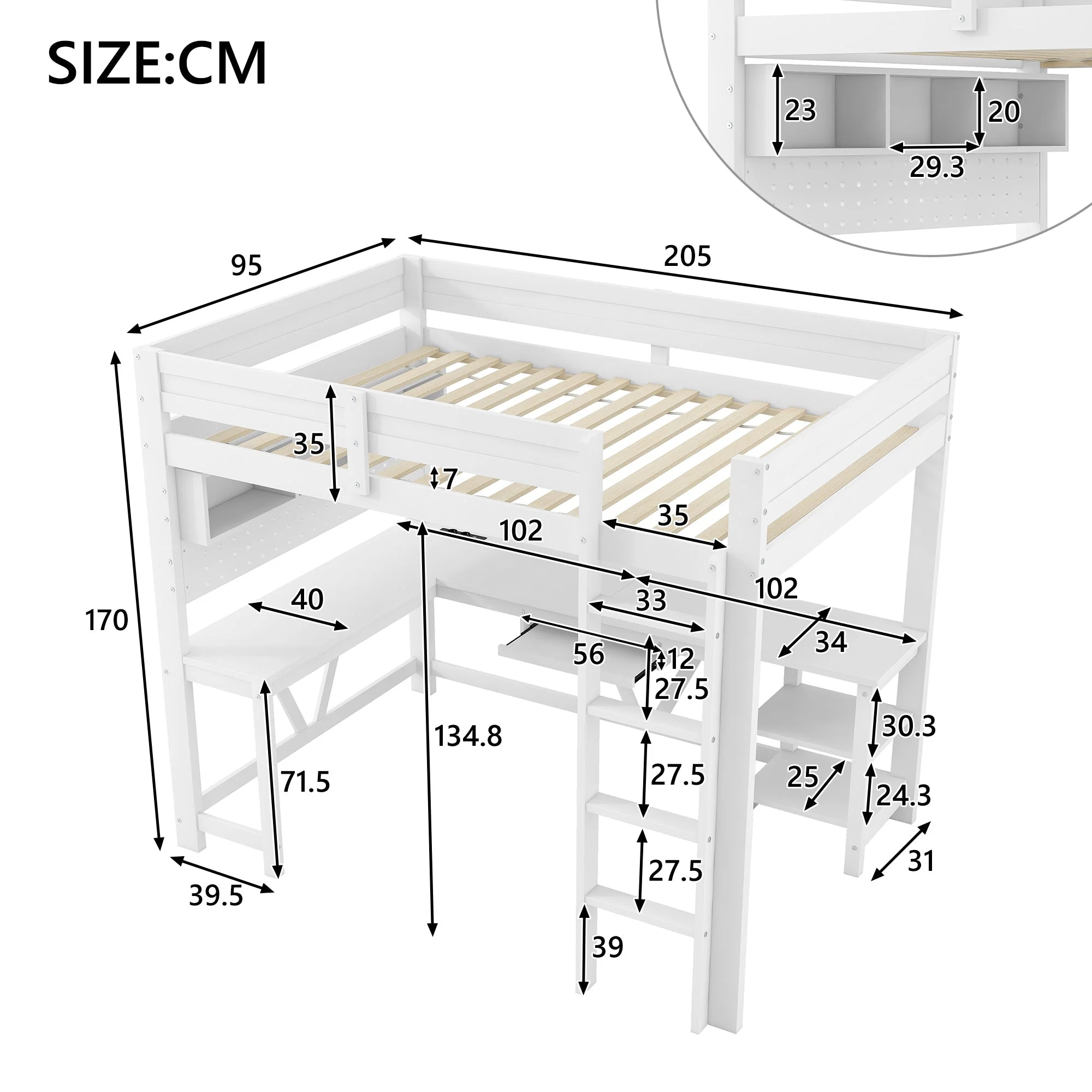 Gaming Loft Bed with Desk, LED Lighting and Charging Station, White Wood - Image 6