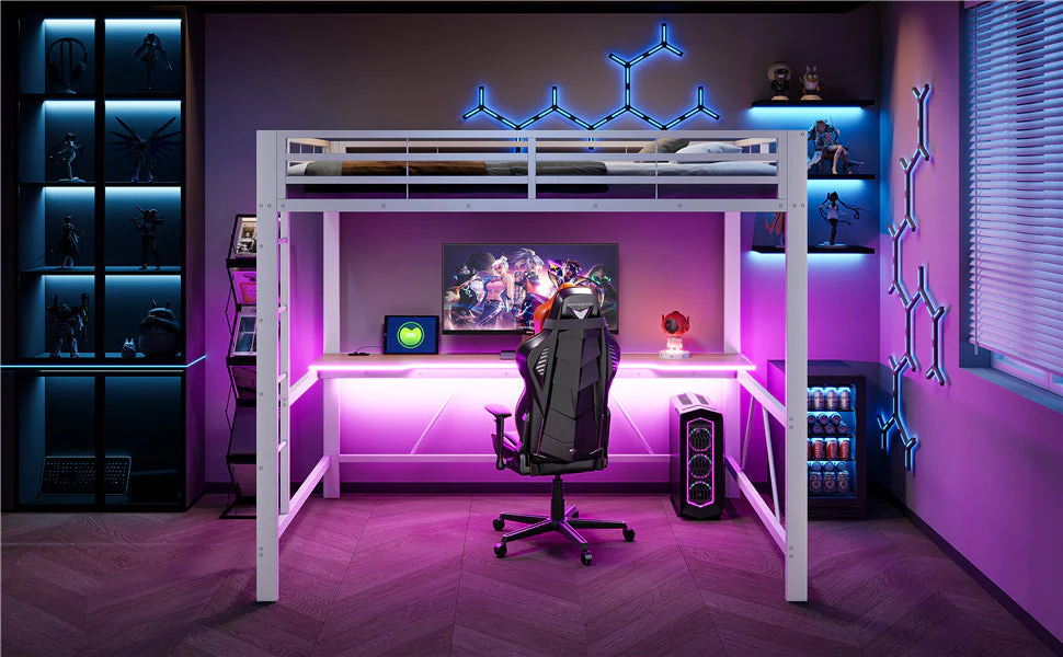 Gaming Metal Loft Bed Frame with LED Lighting, USB Charging Station and Desk, White - Image 9