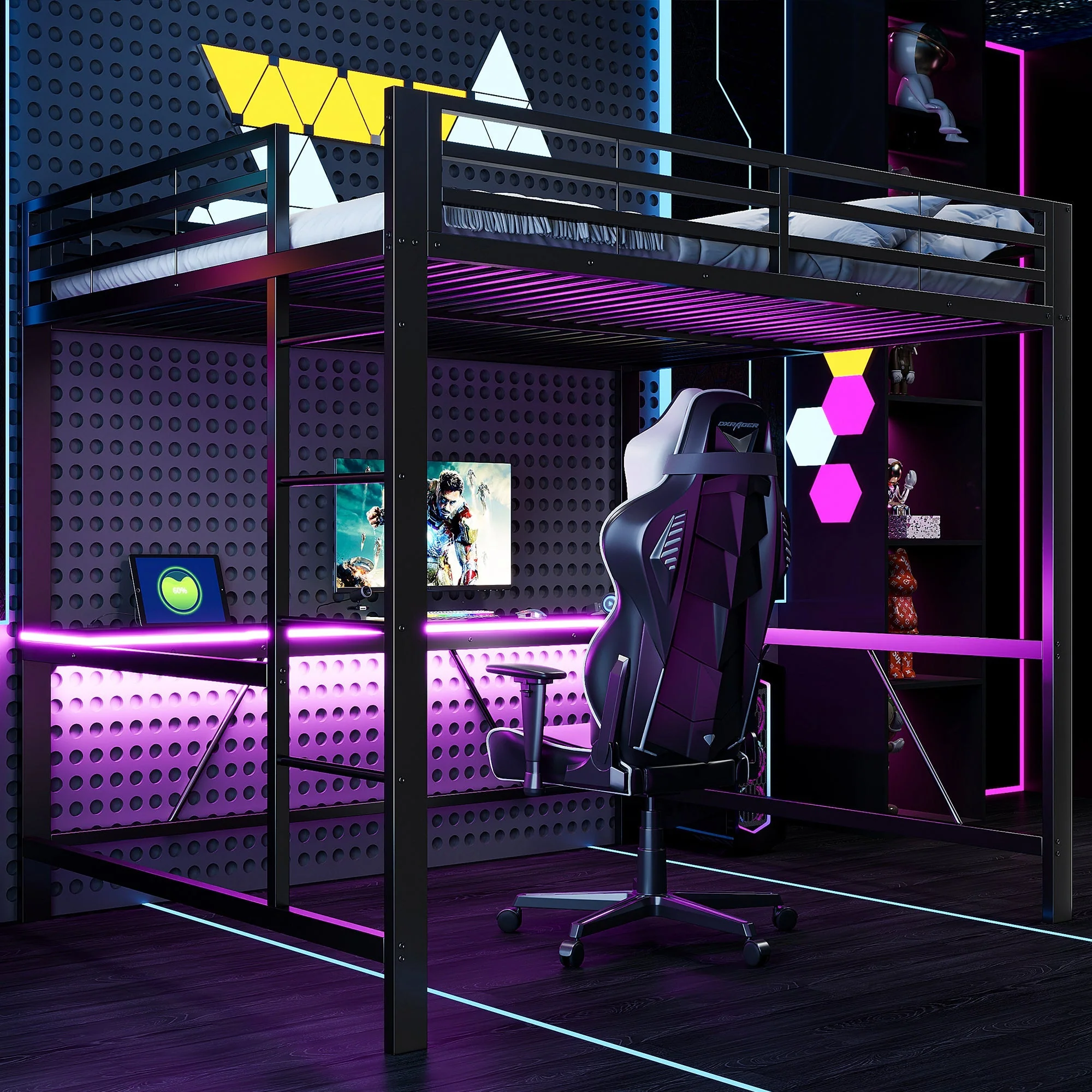 Gaming Metal Loft Bed Frame with LED Lighting, USB Station and Desk, 160x200, Black - Image 3