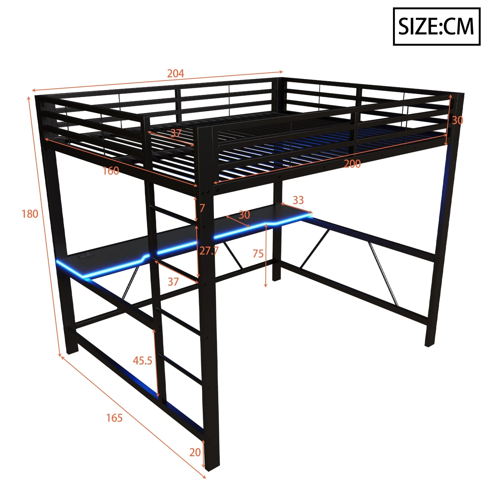 Gaming Metal Loft Bed Frame with LED Lighting, USB Station and Desk, 160x200, Black - Image 6