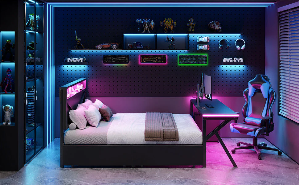 Gaming Platform Bed with LED Headboard, Desk and Drawers, Black Metal - Image 10