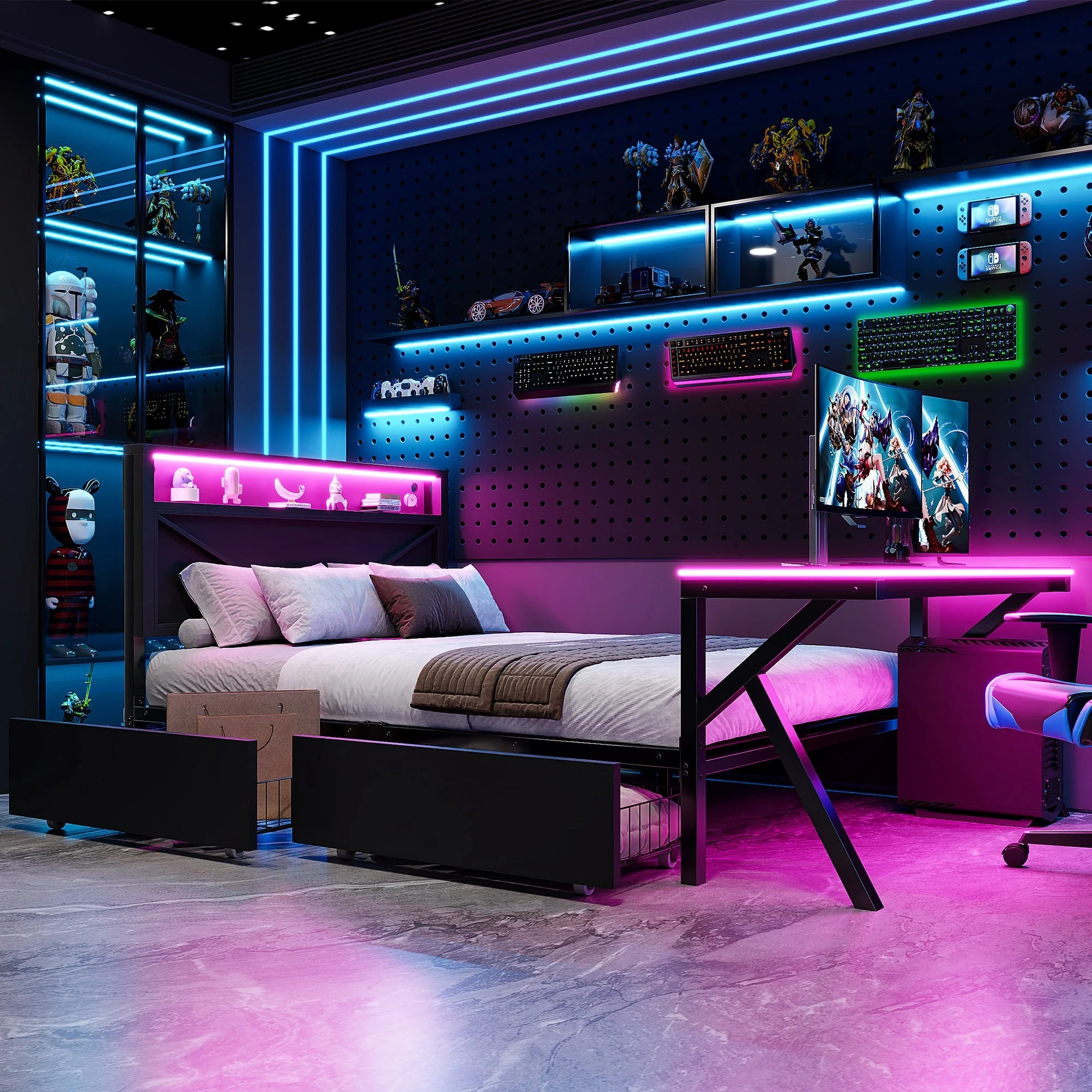 Gaming Platform Bed with LED Headboard, Desk and Drawers, Black Metal - Image 2