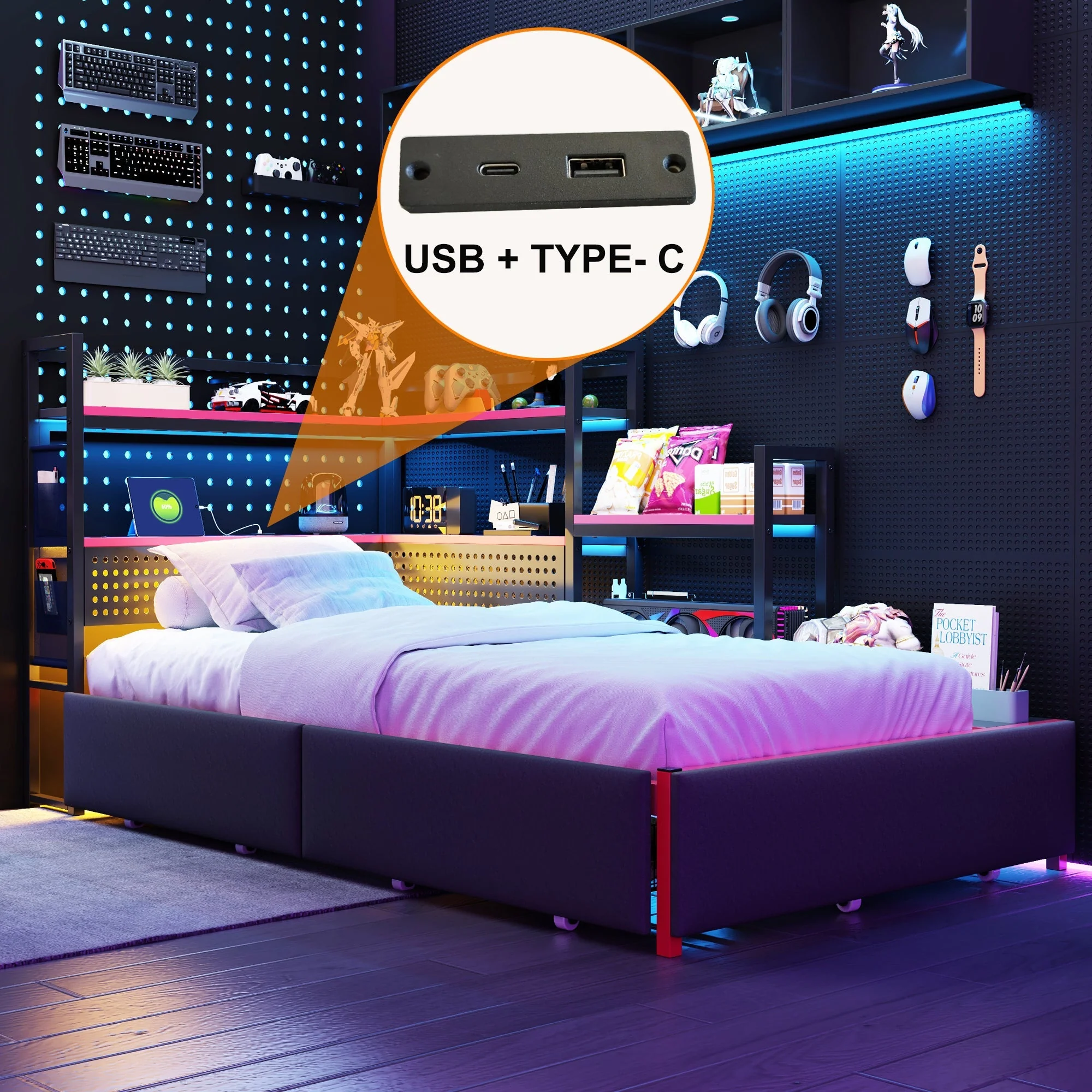 Gaming-Style Metal Bed Frame with 3 Drawers, LED Lighting, USB Ports, Pegboard and Side Shelves, Black Metal - Image 2