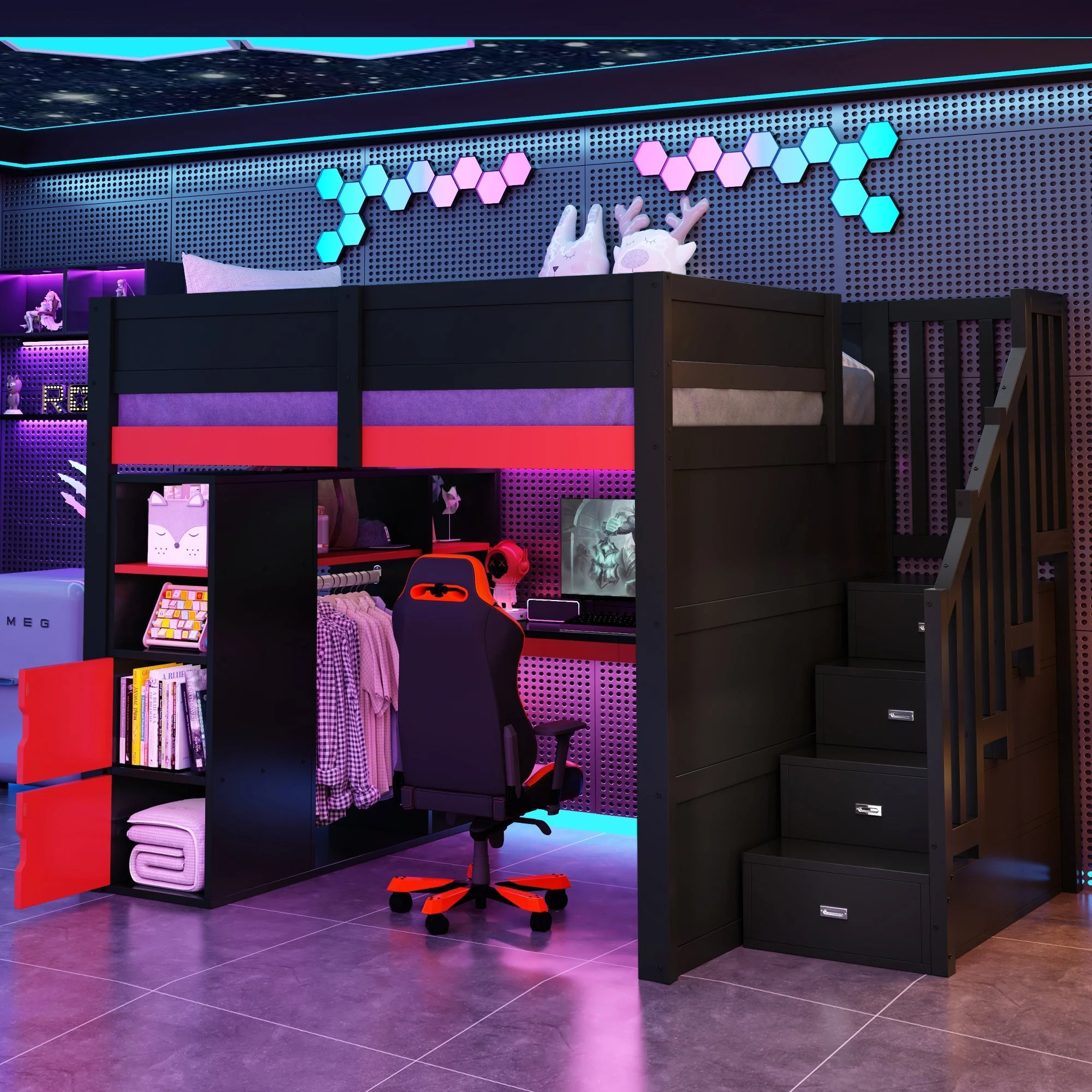 Gaming Wooden Loft Bed with Desk, Multi-Tier Storage, LED Lighting, USB Port and Staircase, Black and Red - Image 2