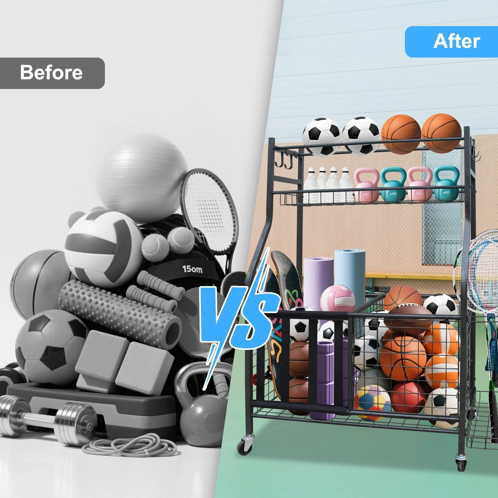 Garage Sports Equipment Organizer Large Capacity Rolling Ball Cart Indoor/Outdoor - Image 4