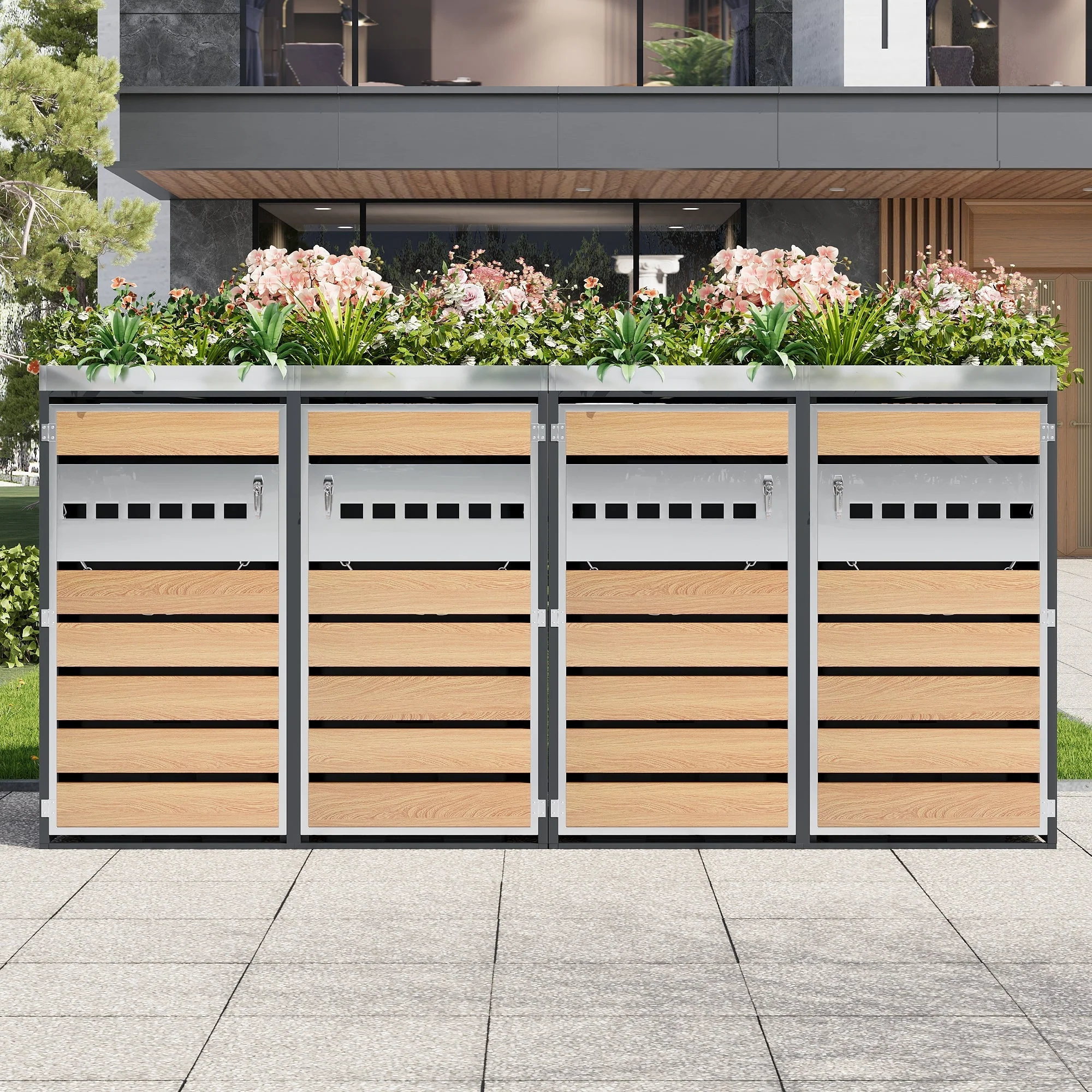 Garbage Can Enclosure with Diamond Ventilation and Four Lockable Doors, Planting Area, Steel - Image 2