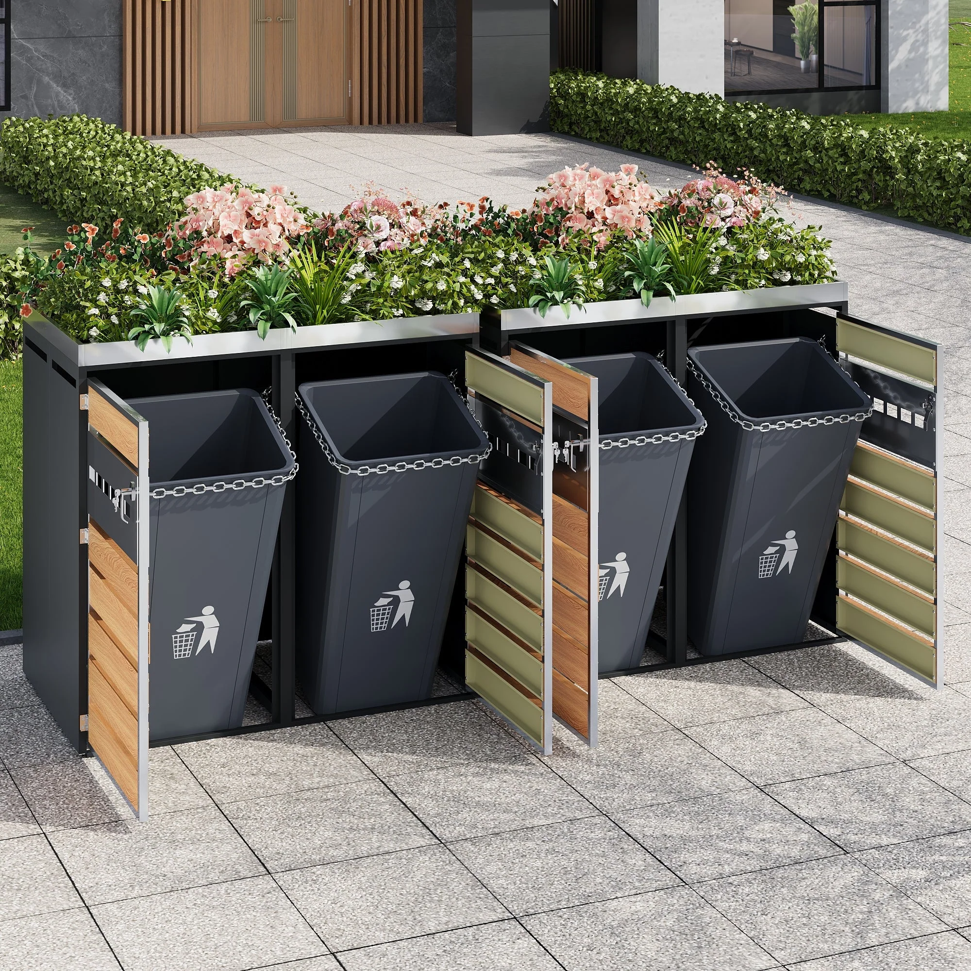 Garbage Can Enclosure with Diamond Ventilation and Four Lockable Doors, Planting Area, Steel - Image 3