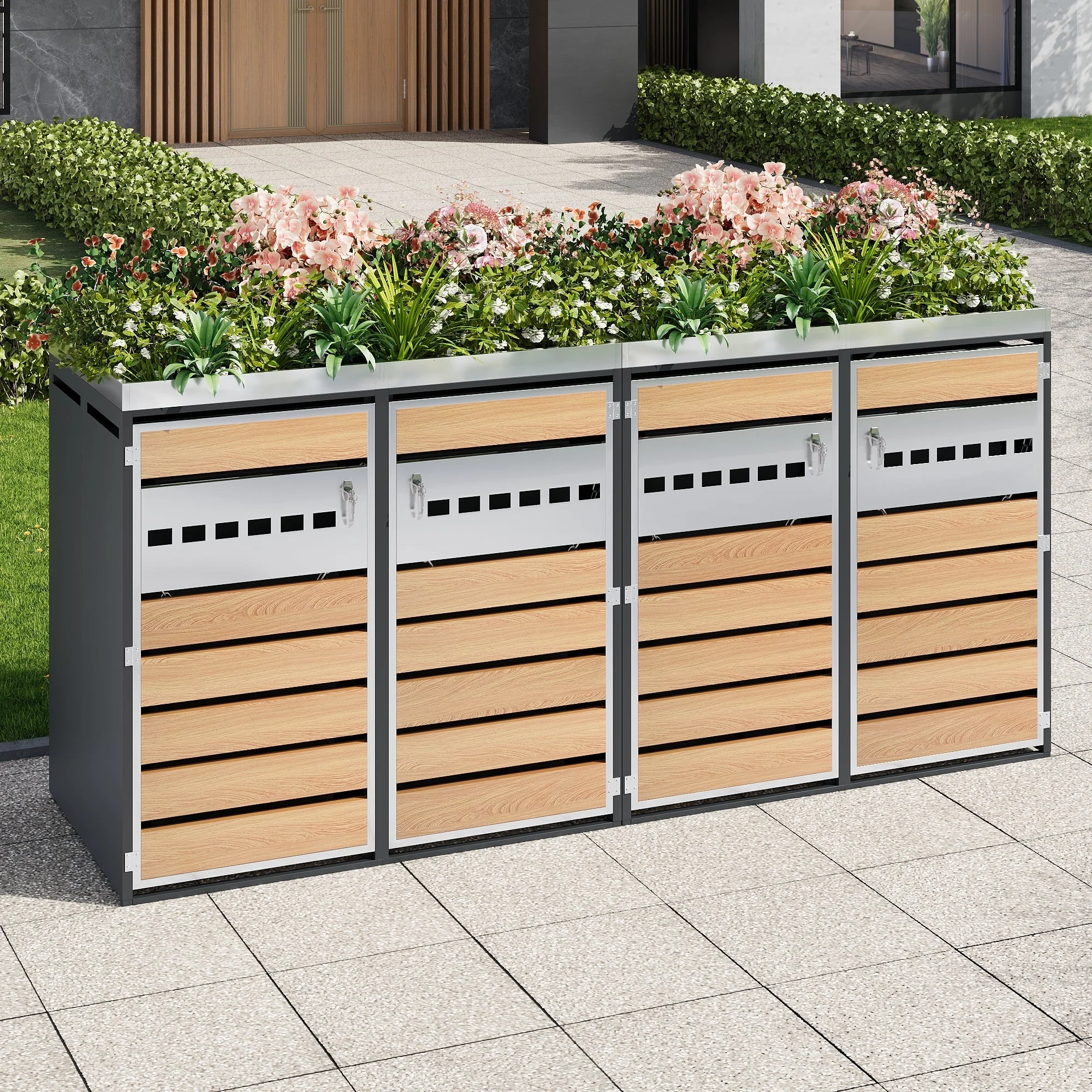 Garbage Can Enclosure with Diamond Ventilation and Four Lockable Doors, Planting Area, Steel - Image 6