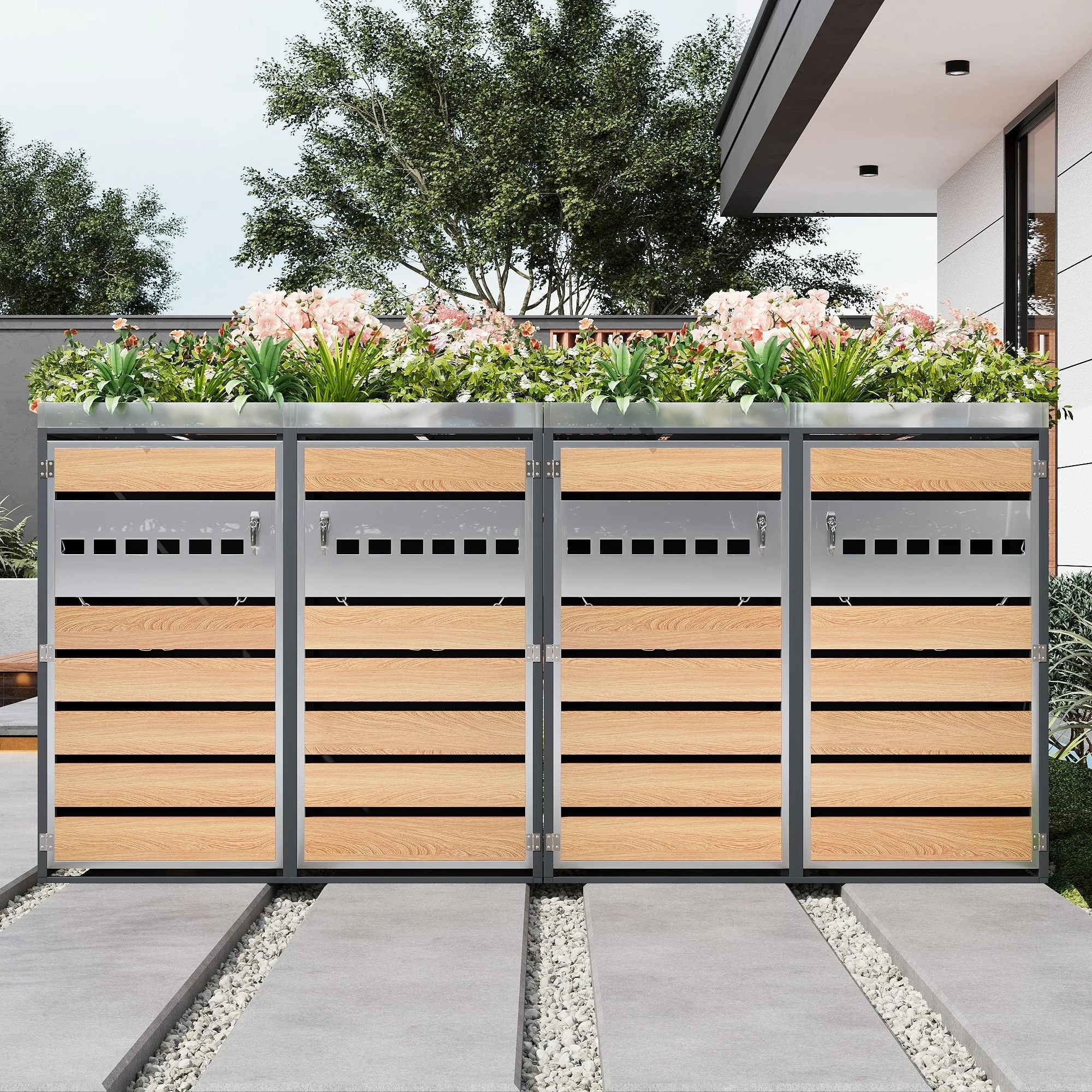 Garbage Can Enclosure with Diamond Ventilation and Four Lockable Doors, Planting Area, Steel - Image 8