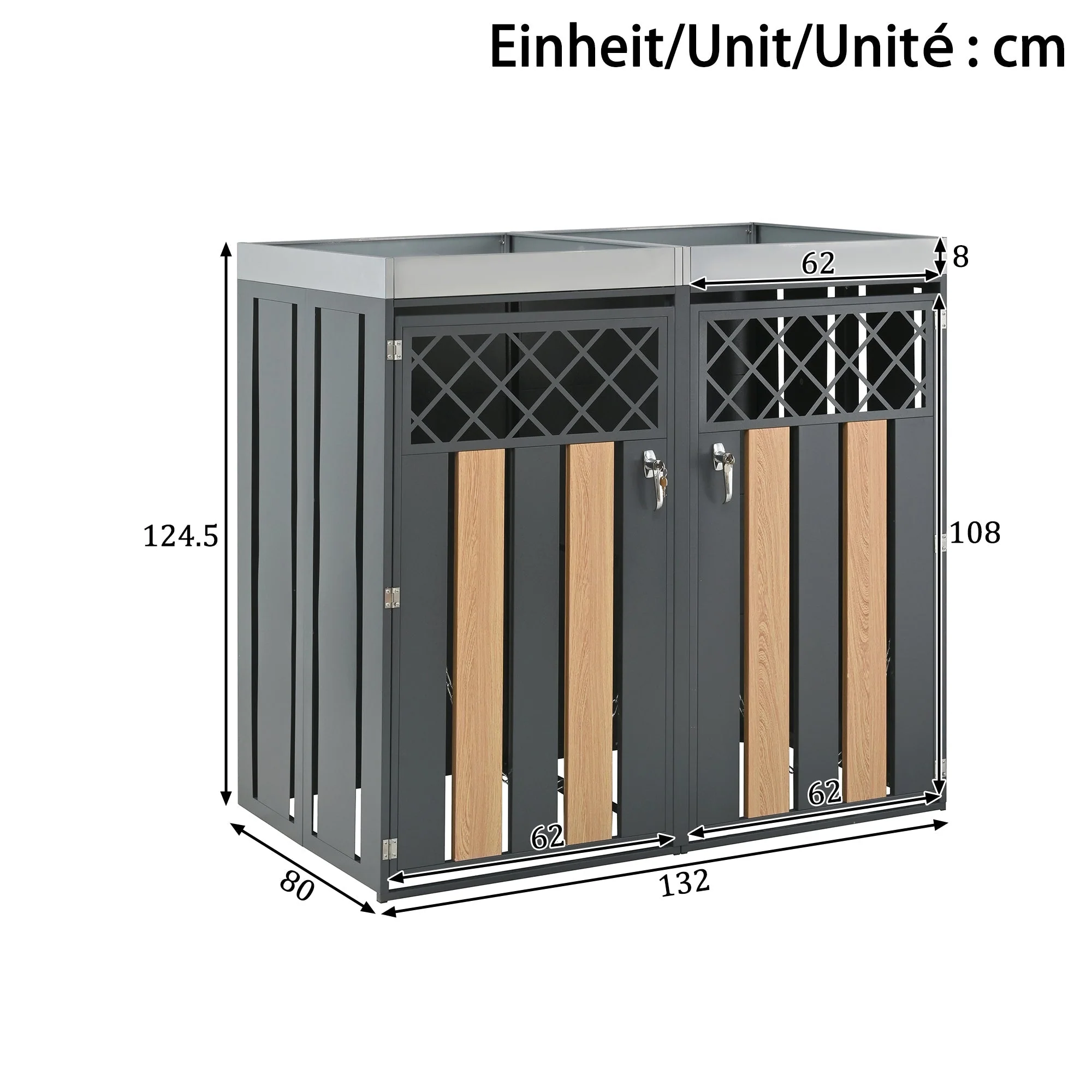 Garbage Can Enclosure with Diamond Ventilation and Planting Area, Lockable 2-Door, Steel - Image 3