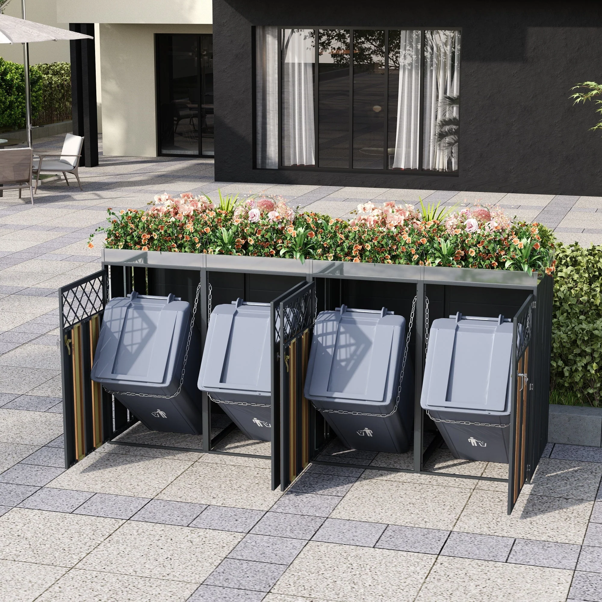 Garbage Can Enclosure with Diamond Ventilation Holes, Lockable Four Doors and Planting Area, Metal - Image 5