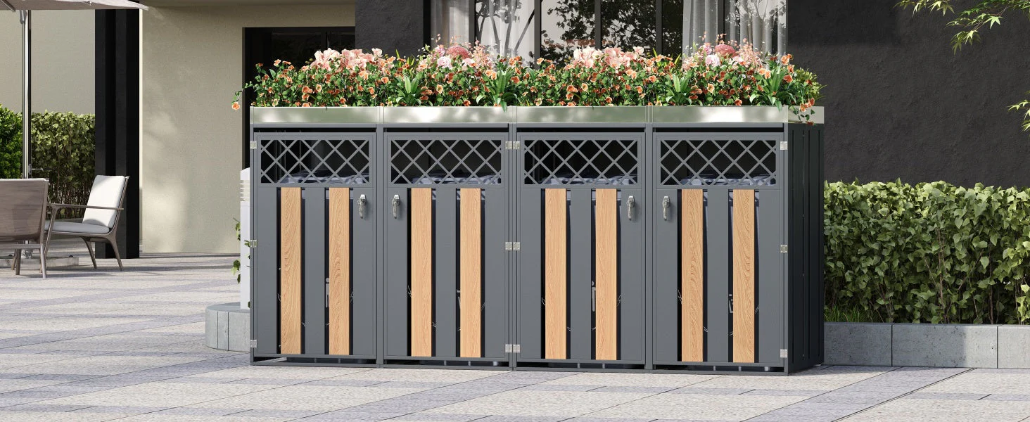 Garbage Can Enclosure with Diamond Ventilation Holes, Lockable Four Doors and Planting Area, Metal - Image 7