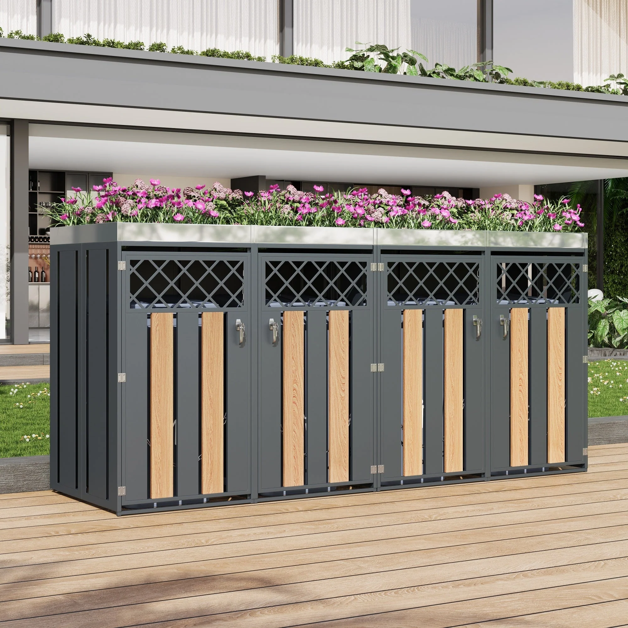 Garbage Can Enclosure with Diamond Ventilation Holes, Lockable Four Doors and Planting Area, Metal - Image 9