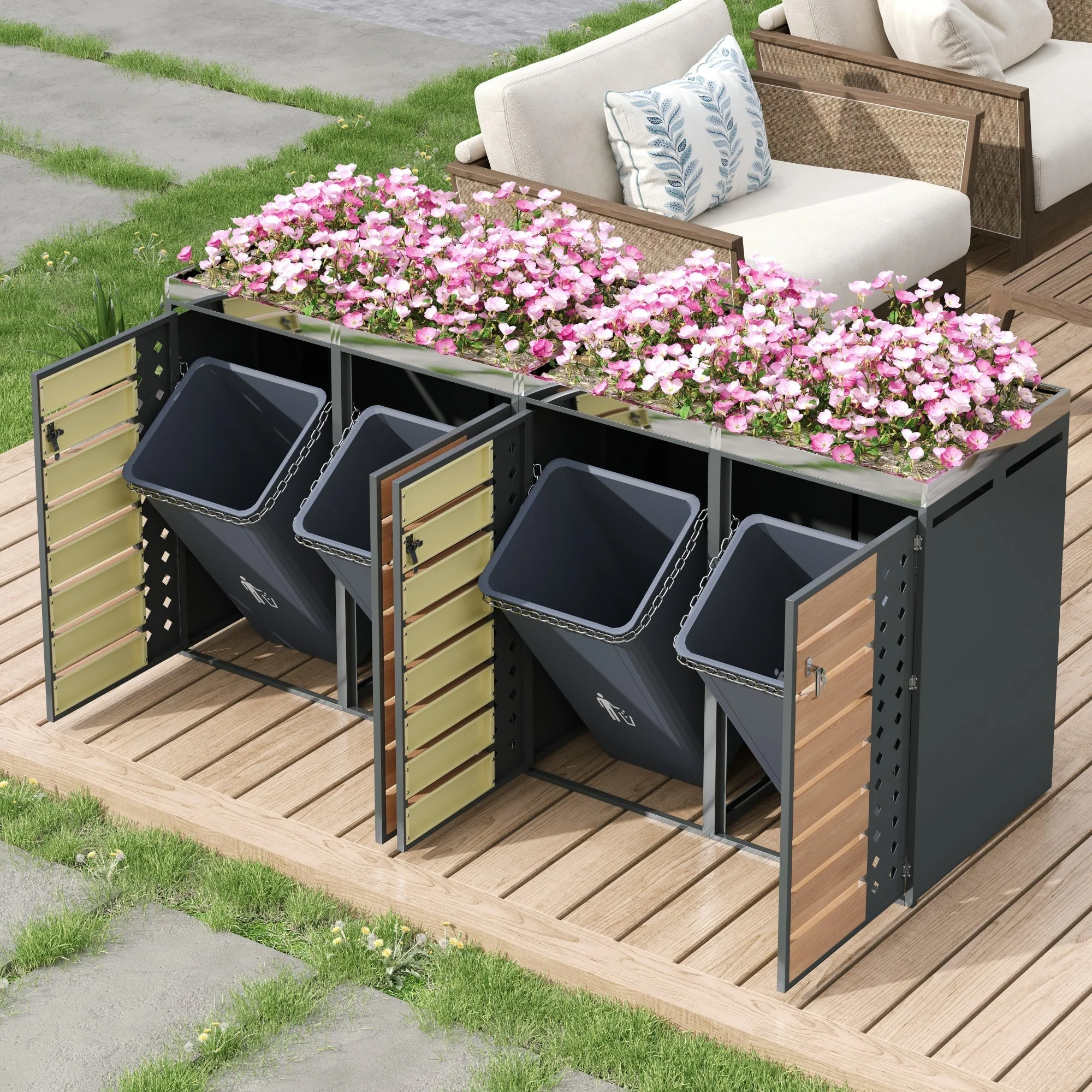Garbage Can Enclosure with Lockable Four Doors and Planting Area, Horizontal Wood Grain Panels - Image 3