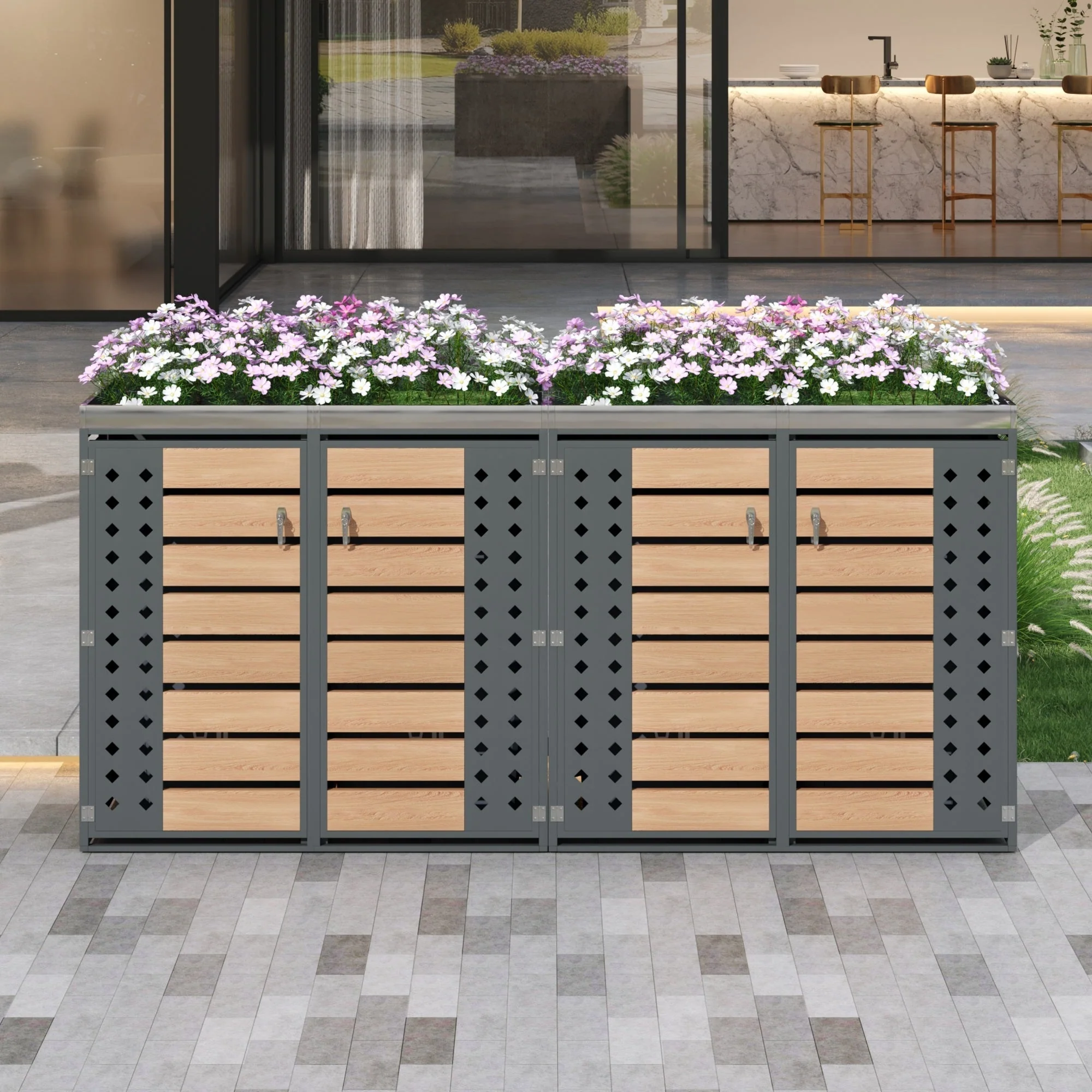 Garbage Can Enclosure with Lockable Four Doors and Planting Area, Horizontal Wood Grain Panels - Image 9