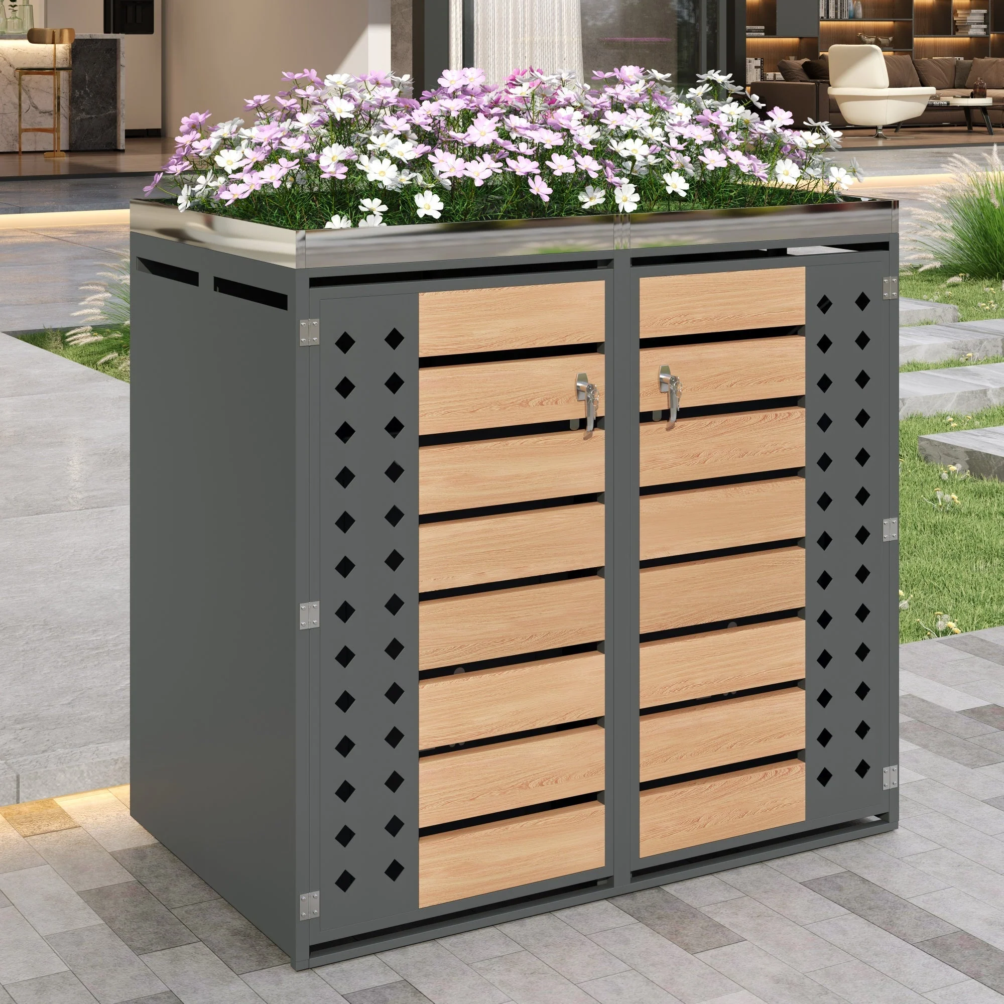 Garbage Can Enclosure with Planting Area and Lockable Dual Doors, Horizontal Wood Grain Panels - Image 8