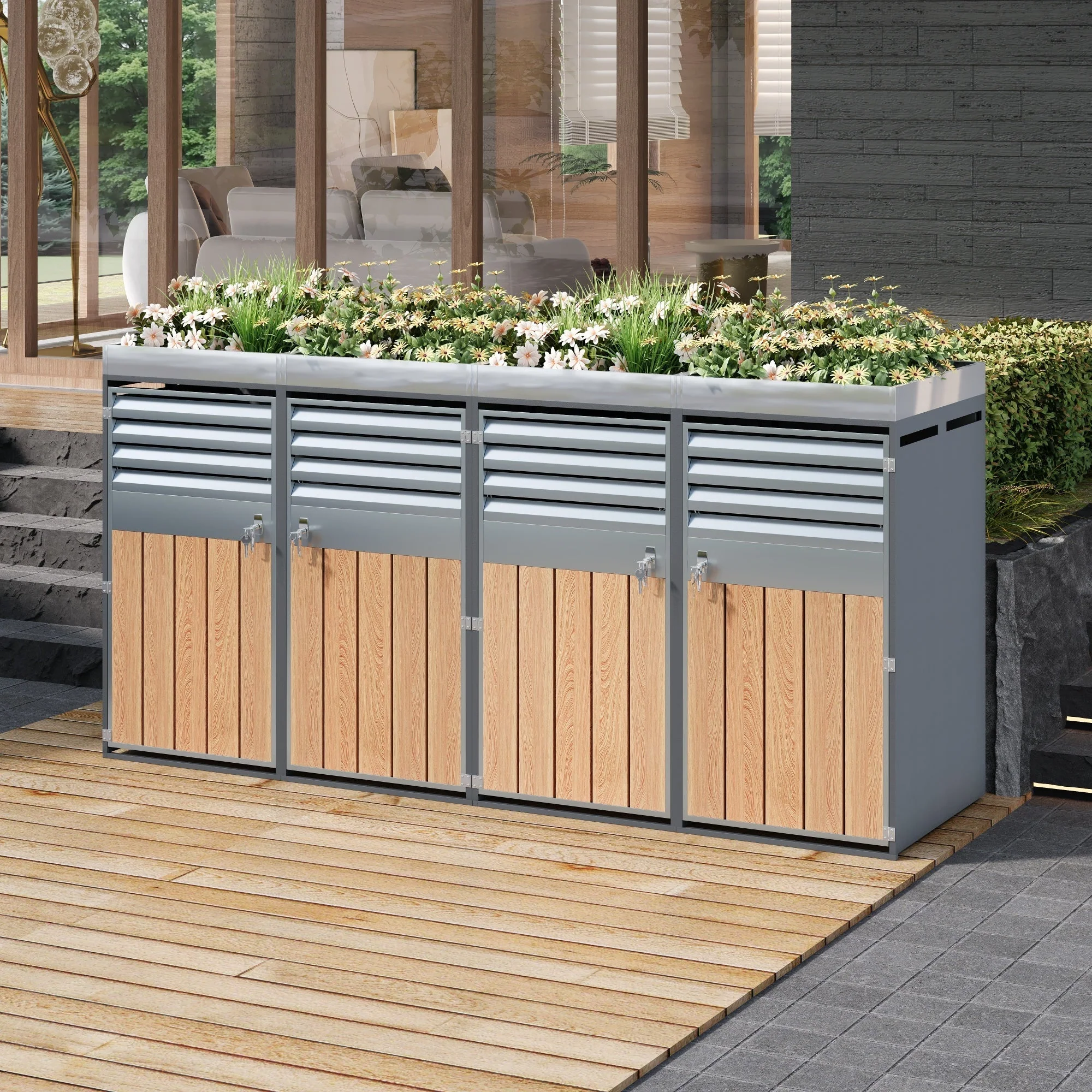 Garbage Can Enclosure with Ventilated Louvers, Lockable Four Doors and Planting Area, Galvanized Steel - Image 4